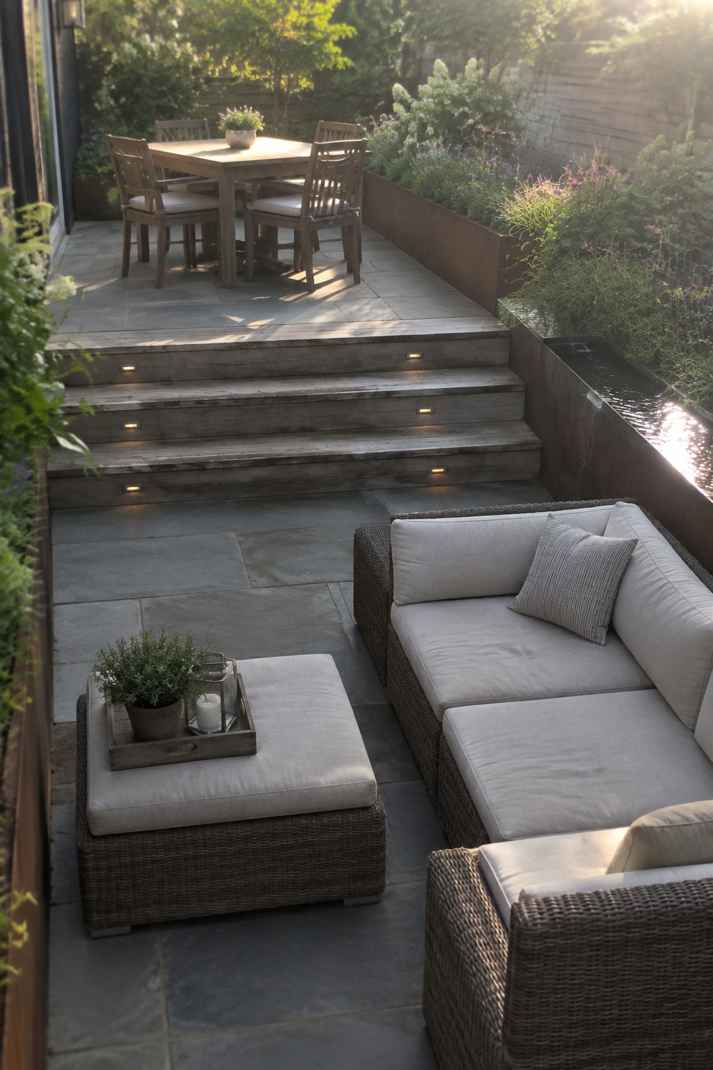 Modern patio with rattan sofa, illuminated steps, wooden dining table, and water feature.
