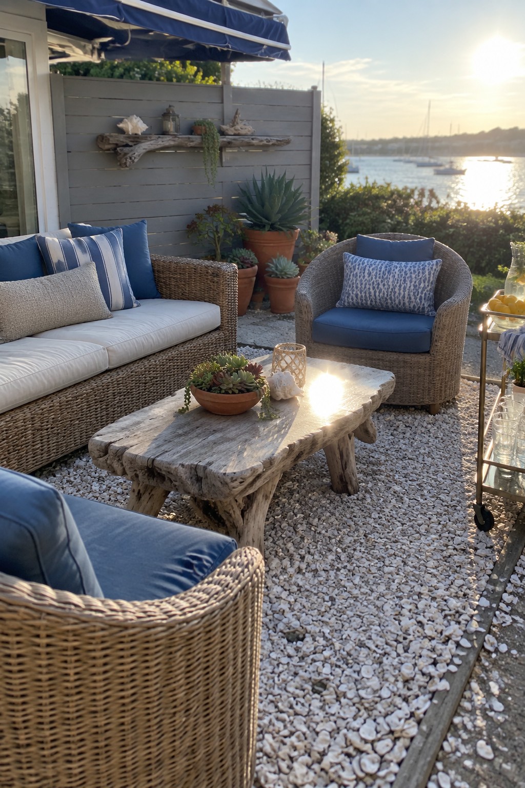 Outdoor patio with wicker sofa, armchairs, rustic wood coffee table, and bar cart arranged on white gravel overlooking the water at sunset.
