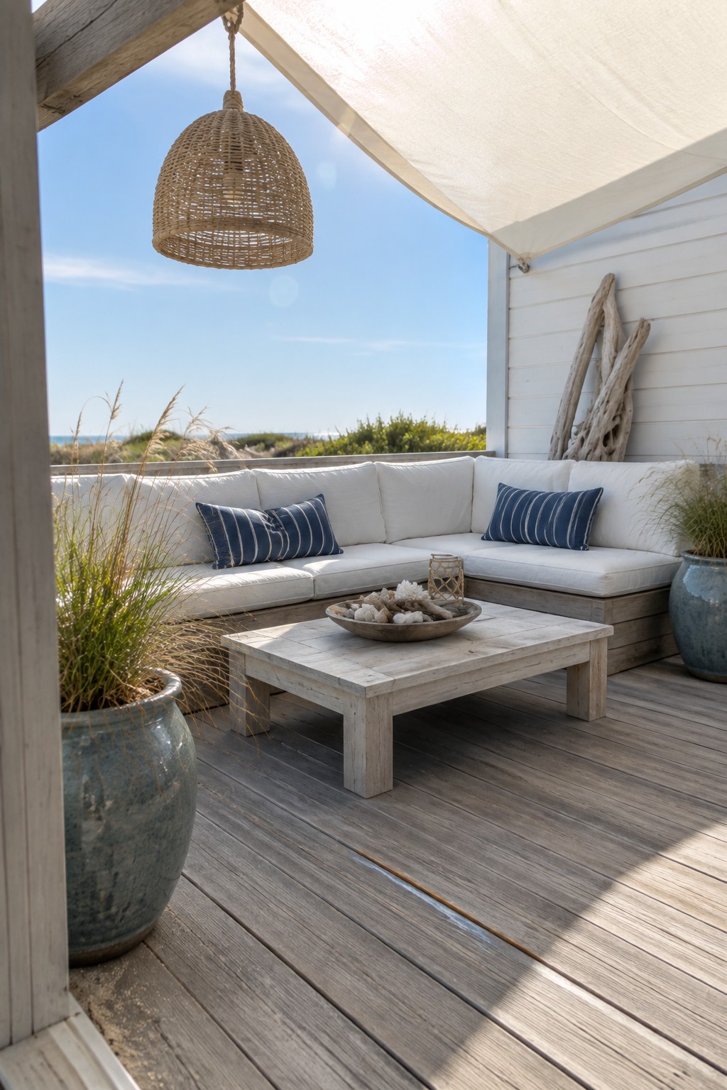 A wooden deck patio features L-shaped white cushioned seating, a central light wood coffee table with a decorative bowl, a hanging woven pendant light, and large blue ceramic pots under a white canopy.