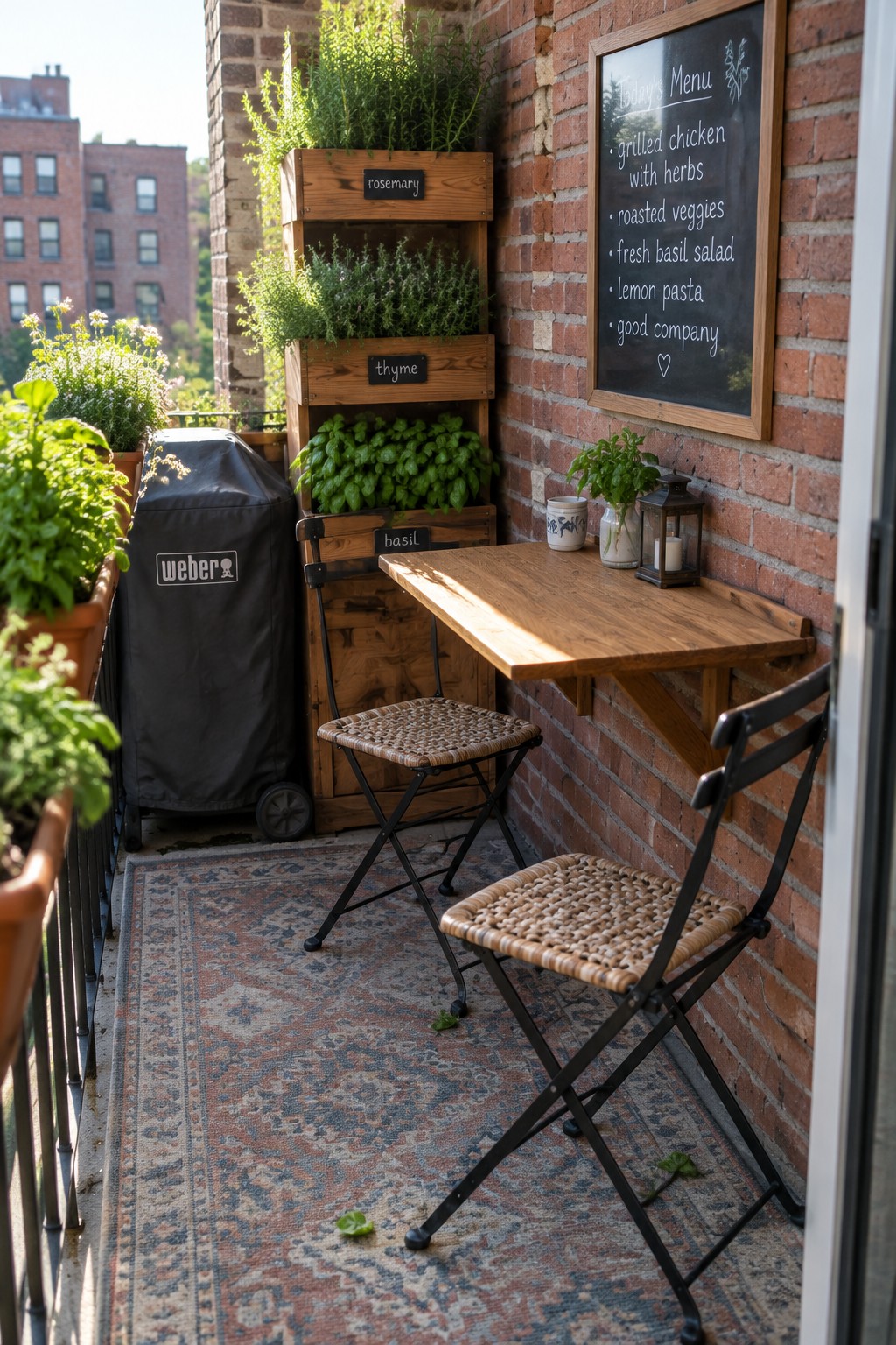 A small balcony with a wooden fold-down table on a brick wall, two woven folding chairs on a patterned rug, and tiered wooden herb planters.
