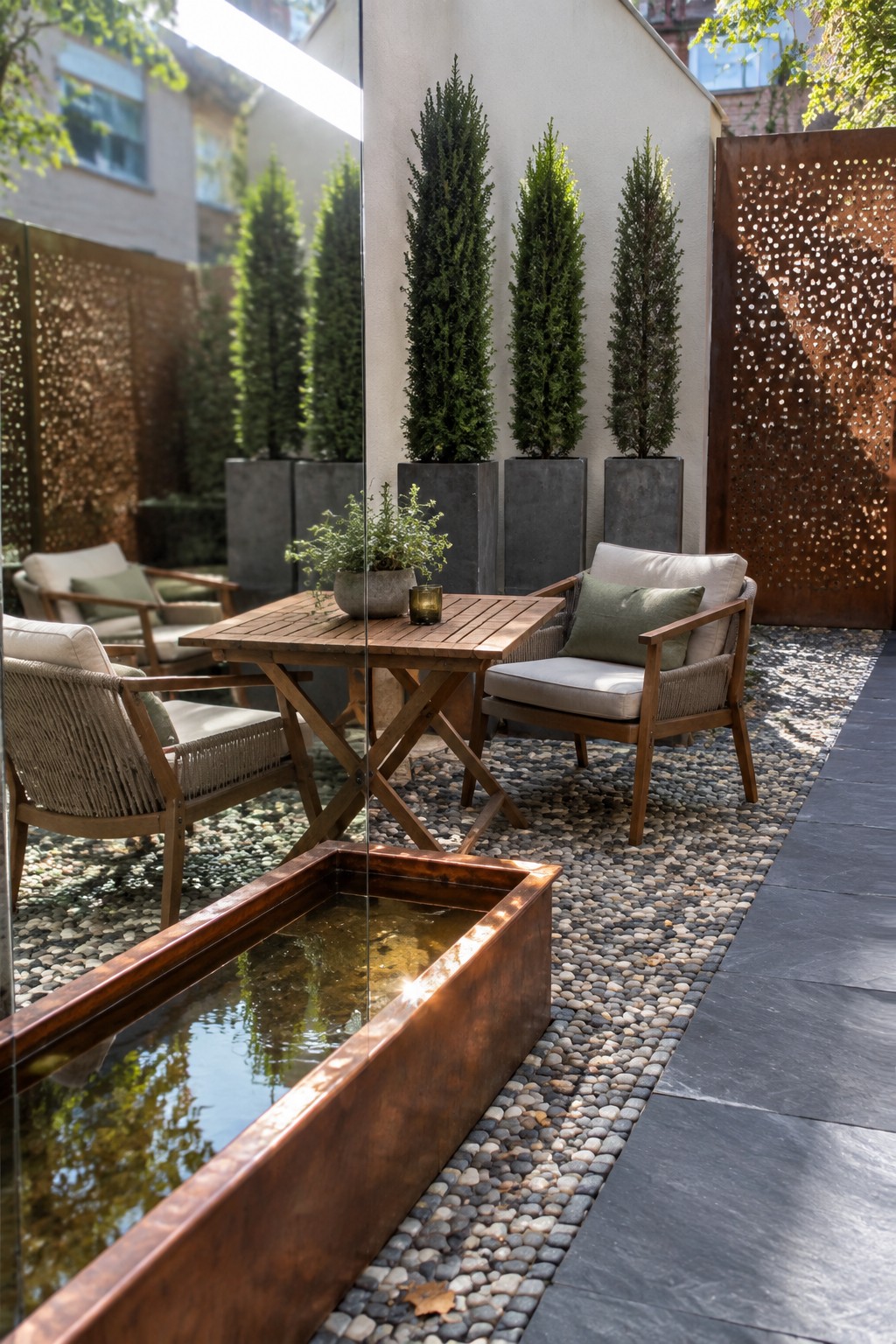 Modern patio with wooden table, woven chairs, potted trees, copper water trough on pebbles