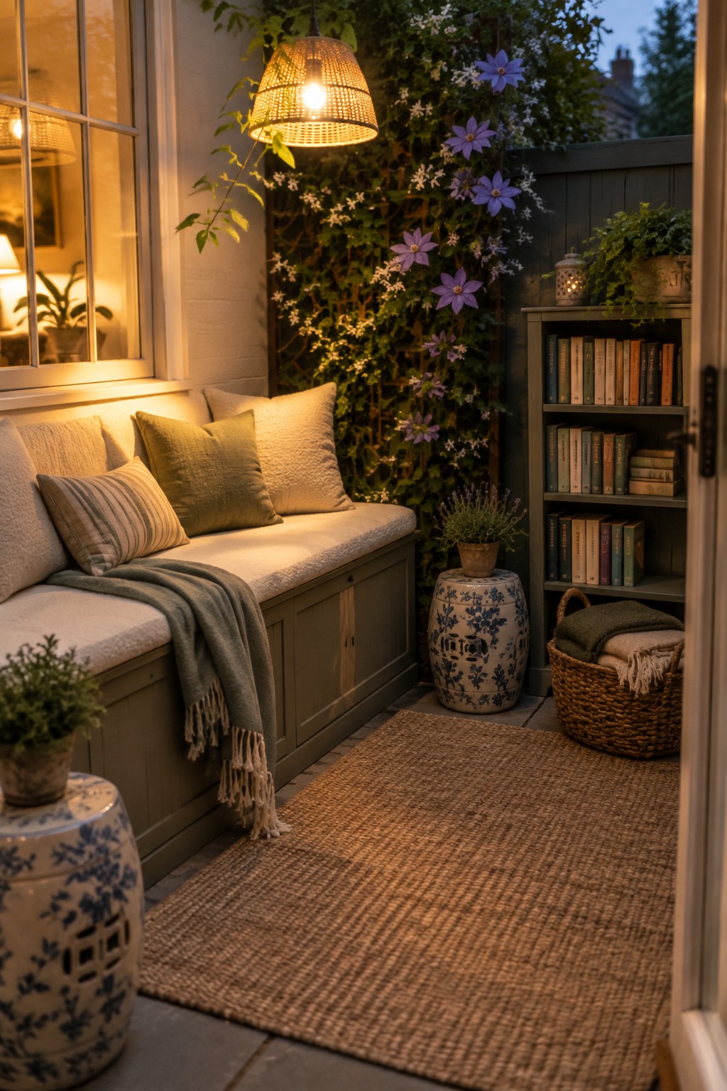 A narrow outdoor patio features a built-in gray storage bench with beige and green cushions, a woven rug, potted plants, a hanging wicker lantern, and a bookshelf against a dark fence.