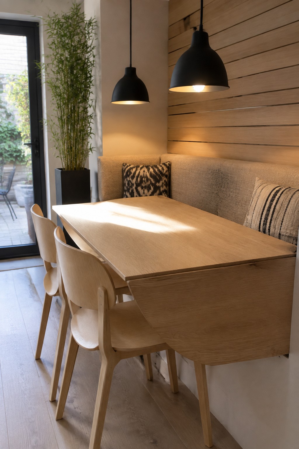 A light wood dining table with a folded leaf sits beside a long upholstered bench with patterned pillows in a room with black pendant lights and an open door to the outside.