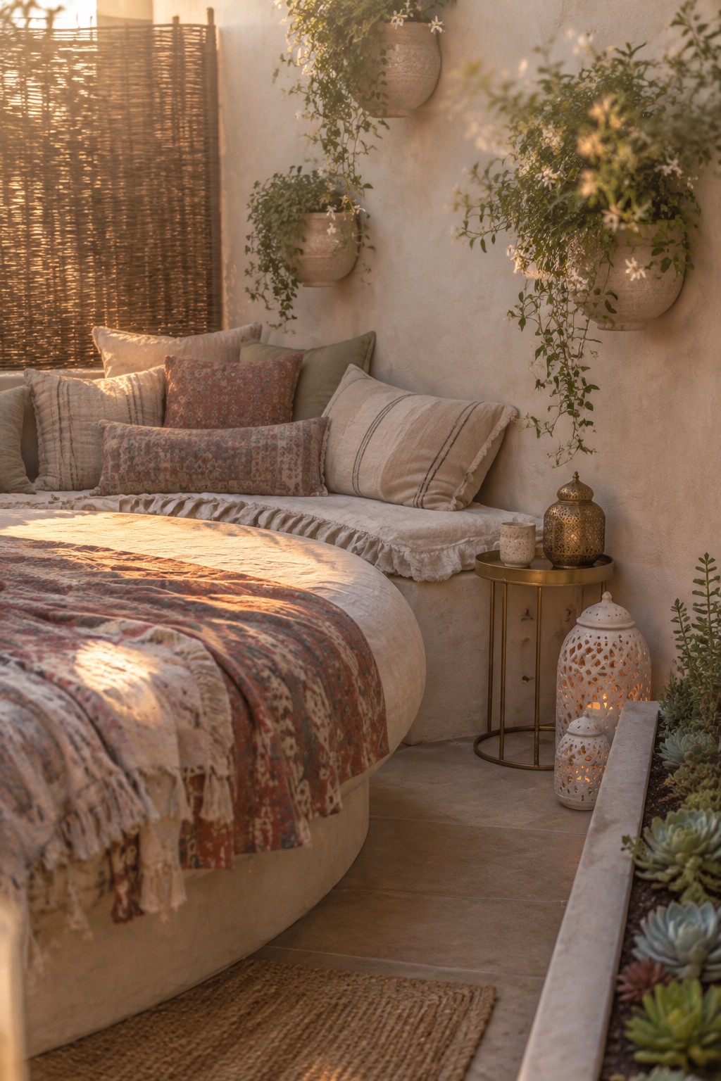 A small outdoor patio corner featuring a built-in curved daybed with multiple pillows and a patterned blanket, next to a small side table with lanterns and hanging potted plants on a textured wall.