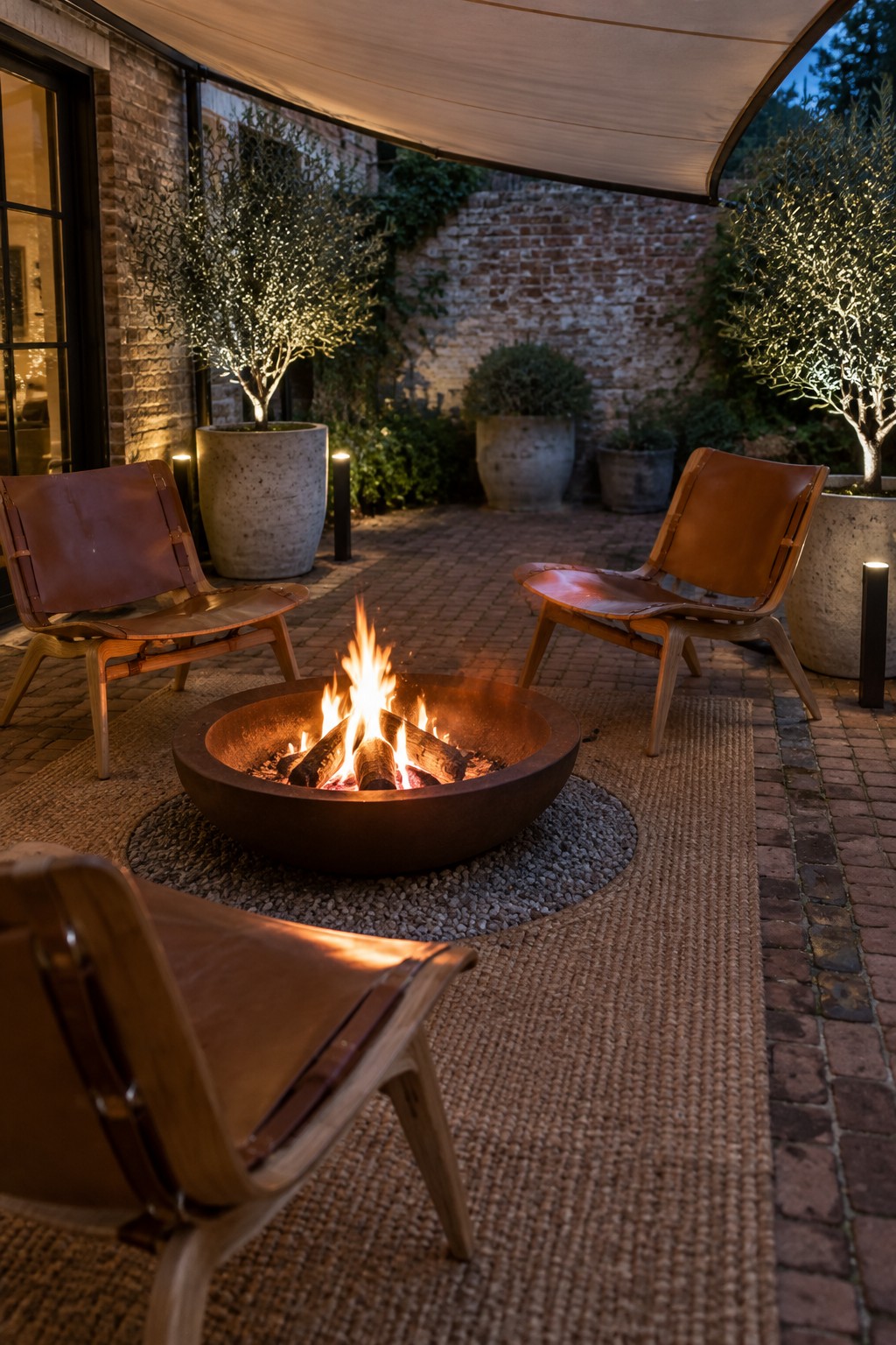 A round metal fire pit with burning logs rests on a gravel circle over a woven rug, surrounded by leather sling chairs on a brick patio.