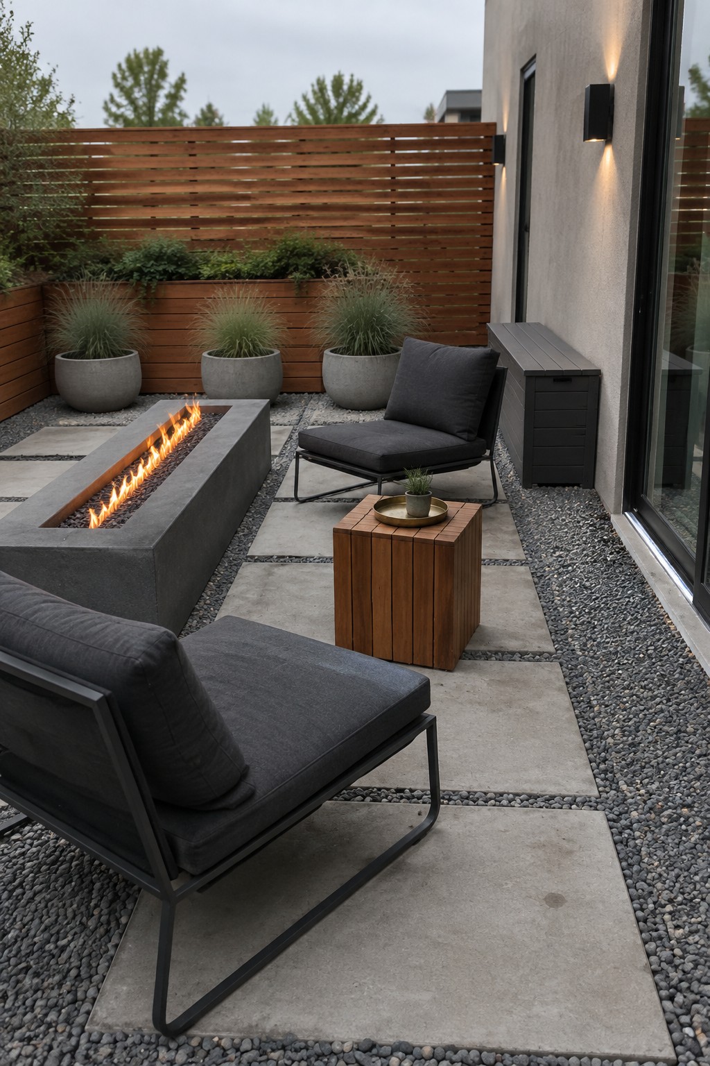 Modern patio with concrete fire pit, gray lounge chairs, wooden table and potted plants