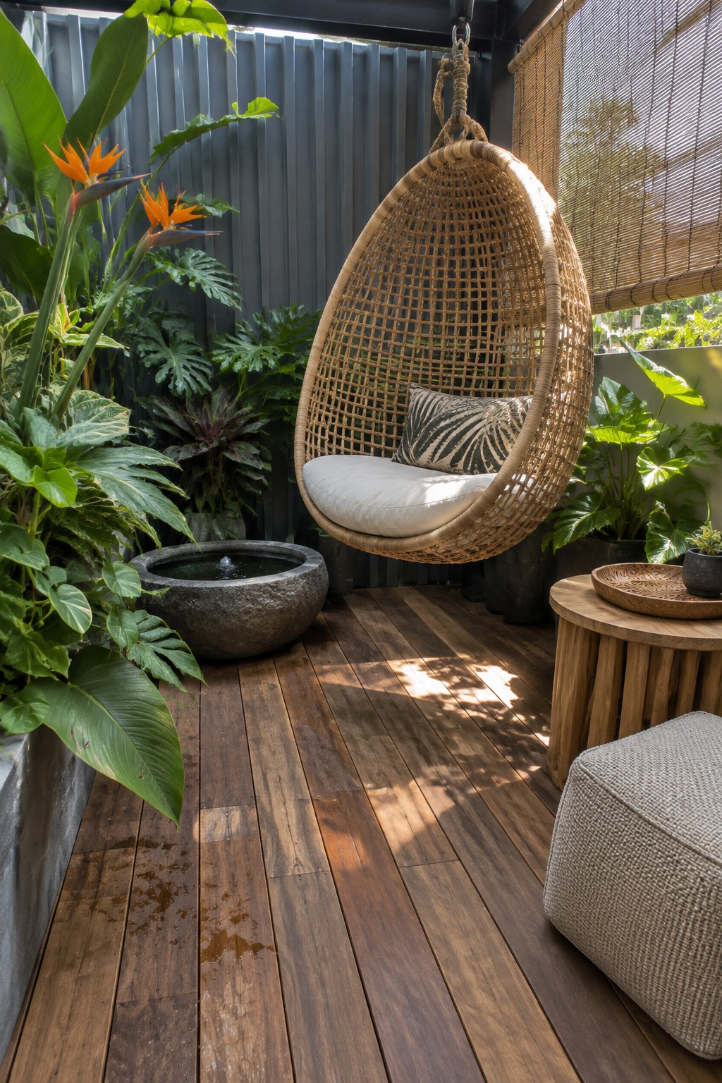 Woven hanging chair with white cushion on wooden deck amid lush plants and fountain.