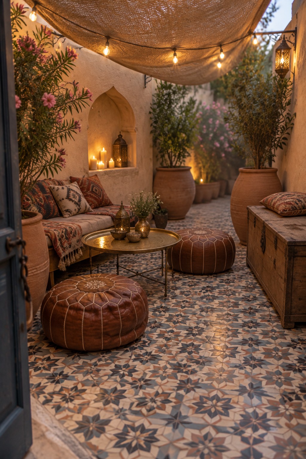 A narrow outdoor courtyard patio with a large draped fabric canopy overhead, string lights, two brown leather poufs, a low brass table, patterned tile floor, and large terracotta pots with greenery and flowers.