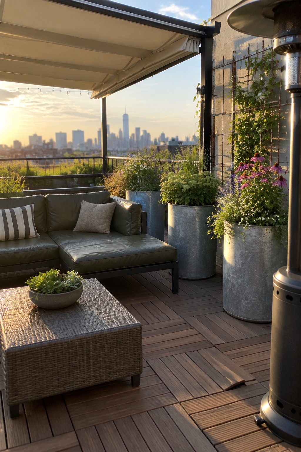 A rooftop deck with a green sectional sofa, woven ottoman, large galvanized metal planters holding flowers and greenery, a patio heater, and a city skyline view at sunset.