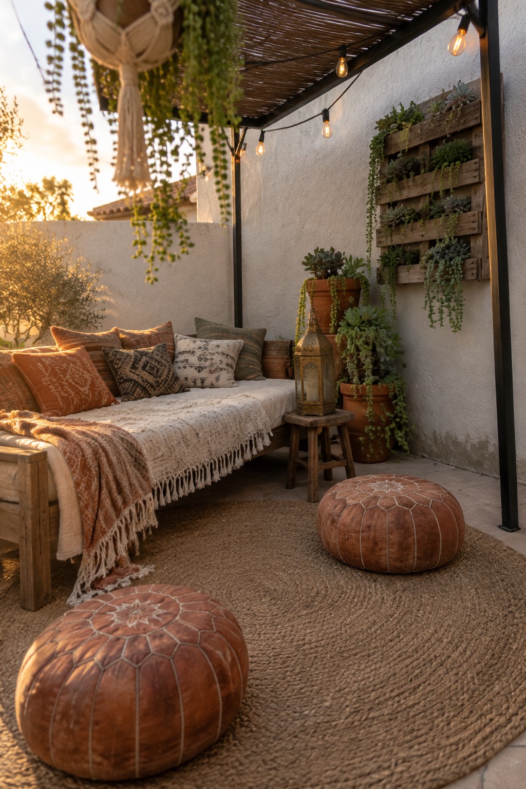 Cozy bohemian patio with daybed, leather poufs, hanging plants, and string lights at sunset.