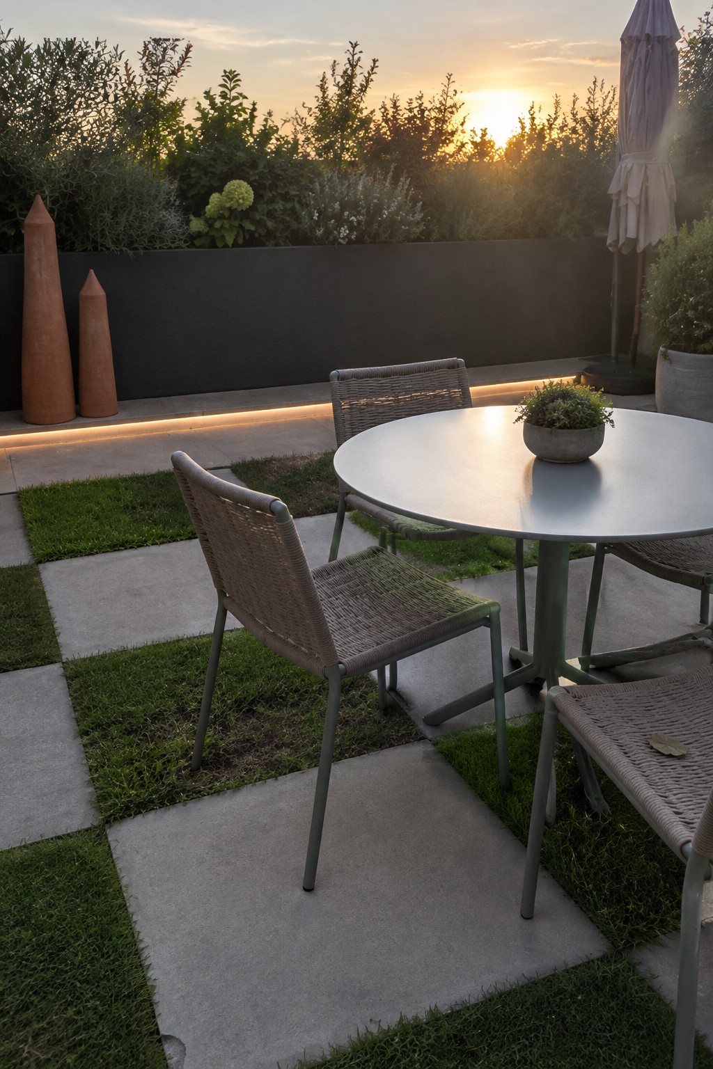 A round white patio table with woven chairs arranged on alternating concrete pavers and grass squares, next to a dark wall with low landscape lighting and terracotta pots.