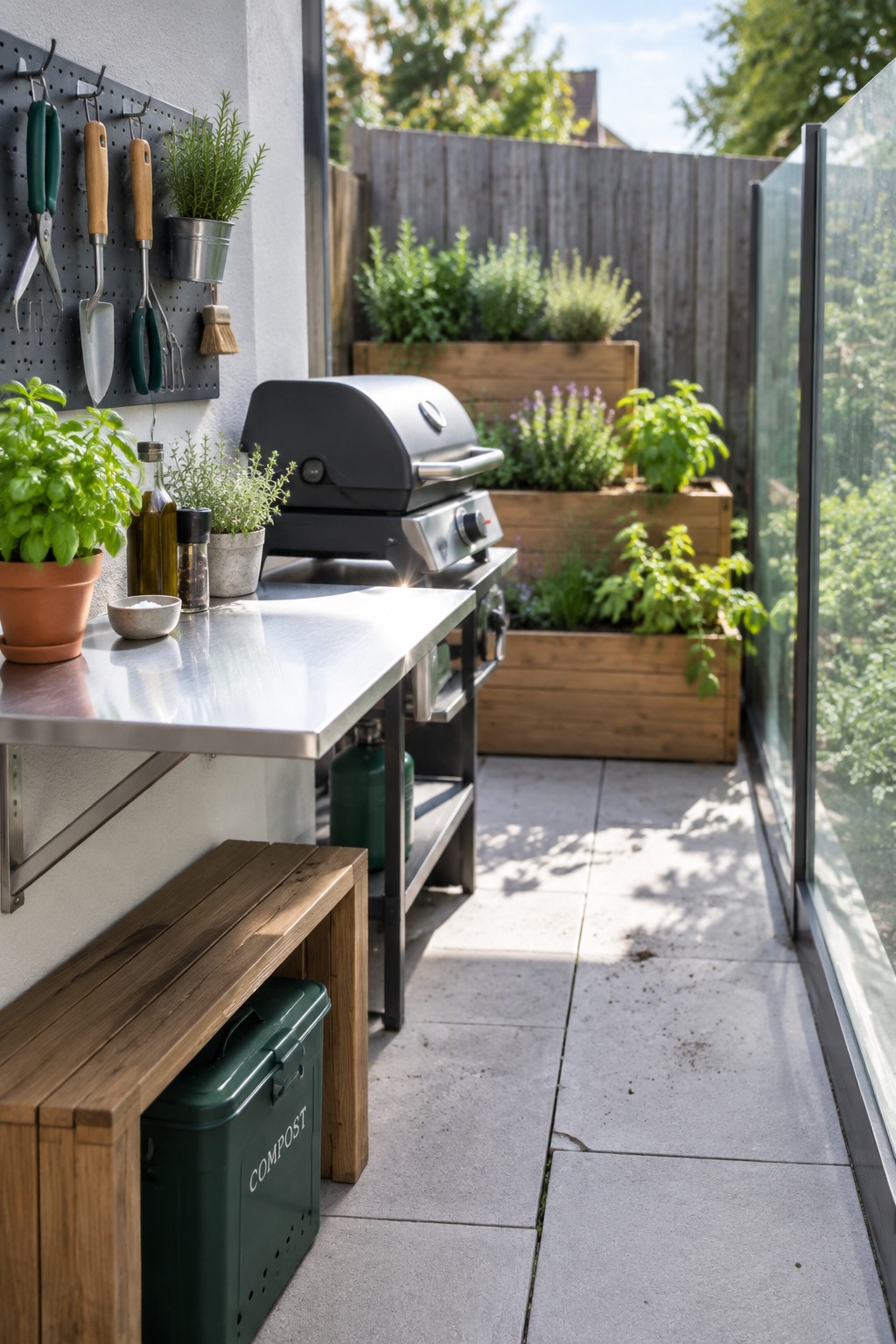 A narrow outdoor patio with a stainless steel counter mounted to the wall above a wooden bench holding a green compost bin, a black grill, and several raised wooden planters with herbs and vegetables.