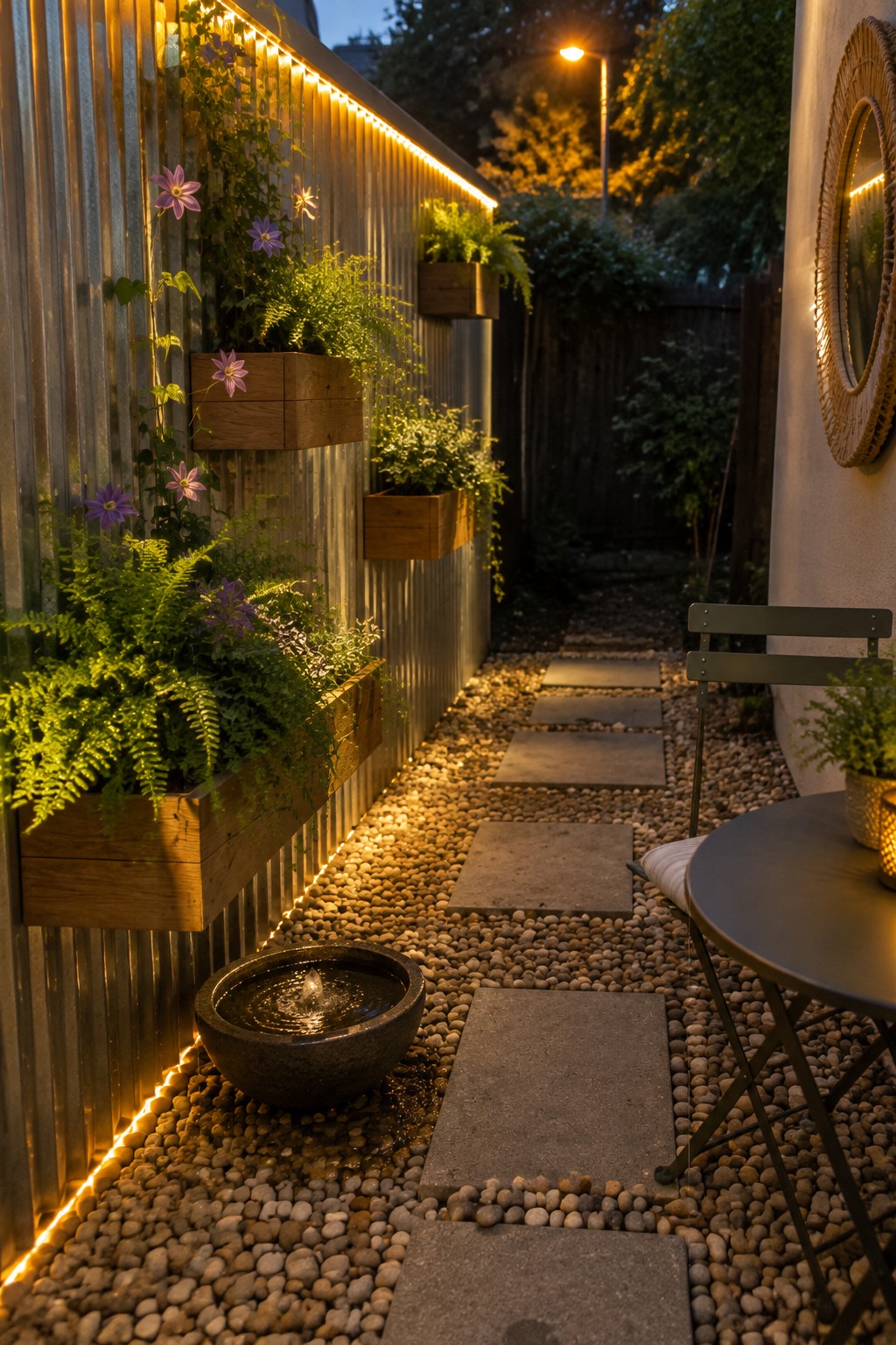 A narrow outdoor side patio at dusk with gravel and concrete stepping stones, wooden planters mounted on a corrugated metal wall with warm string lights, a small stone water bowl, and a round table with one chair.