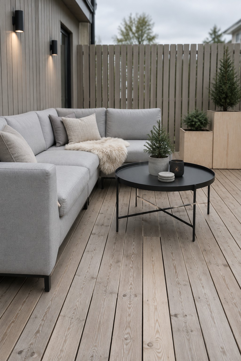 A gray outdoor sectional sofa with pillows and a throw rests on a light wood deck beside a round black coffee table, with potted plants and a tall fence behind it.