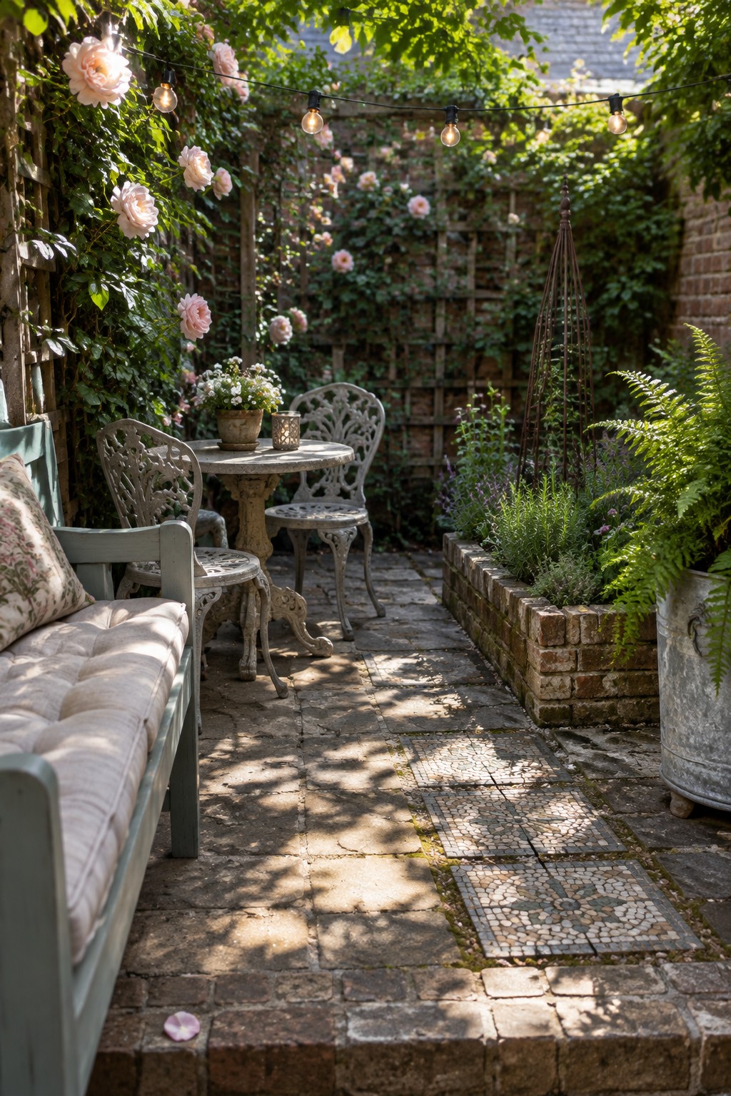 Sunlit stone patio with vintage table, ornate chairs, string lights, and climbing roses