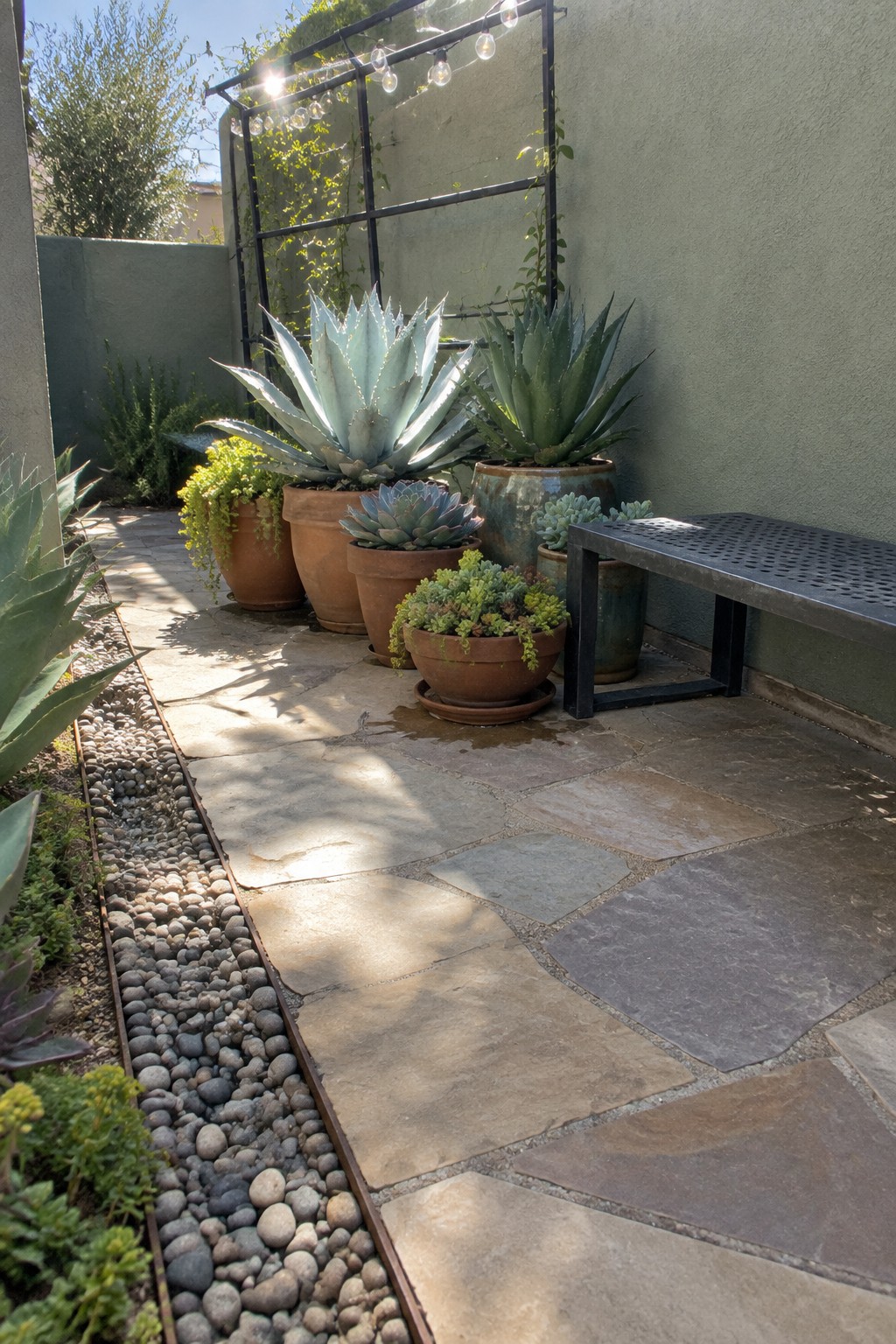 A narrow stone patio bordered by large terracotta pots holding agave and succulent plants, with a metal bench and a trellis strung with lights.