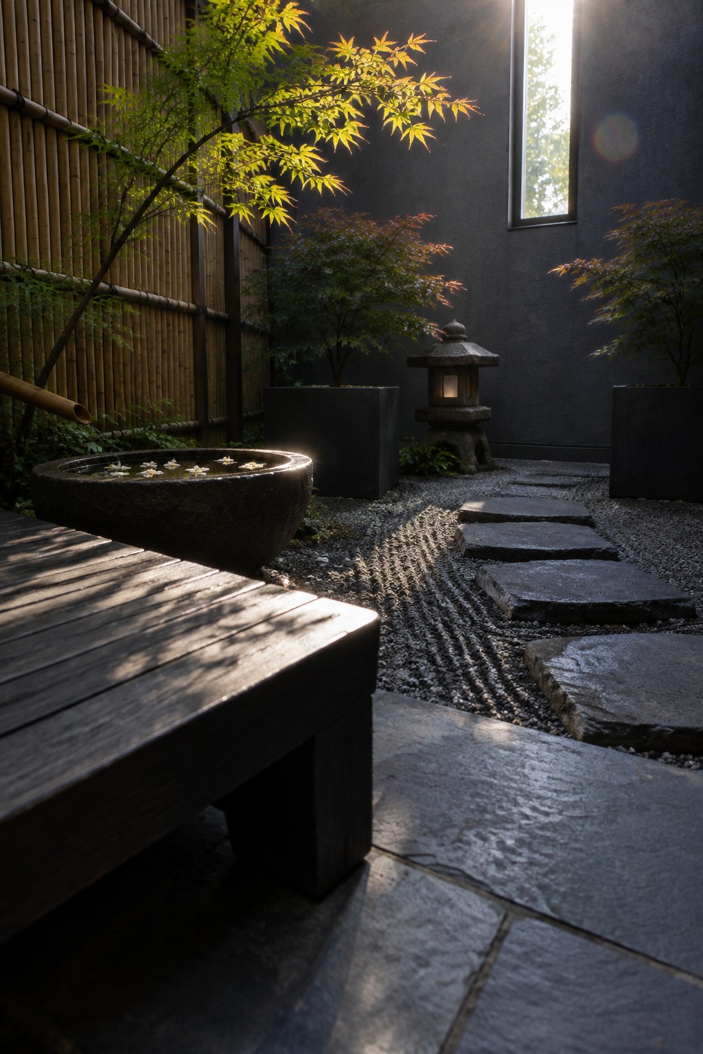 Sunlit Japanese zen garden with stone basin, wooden bench, raked gravel, and lantern.