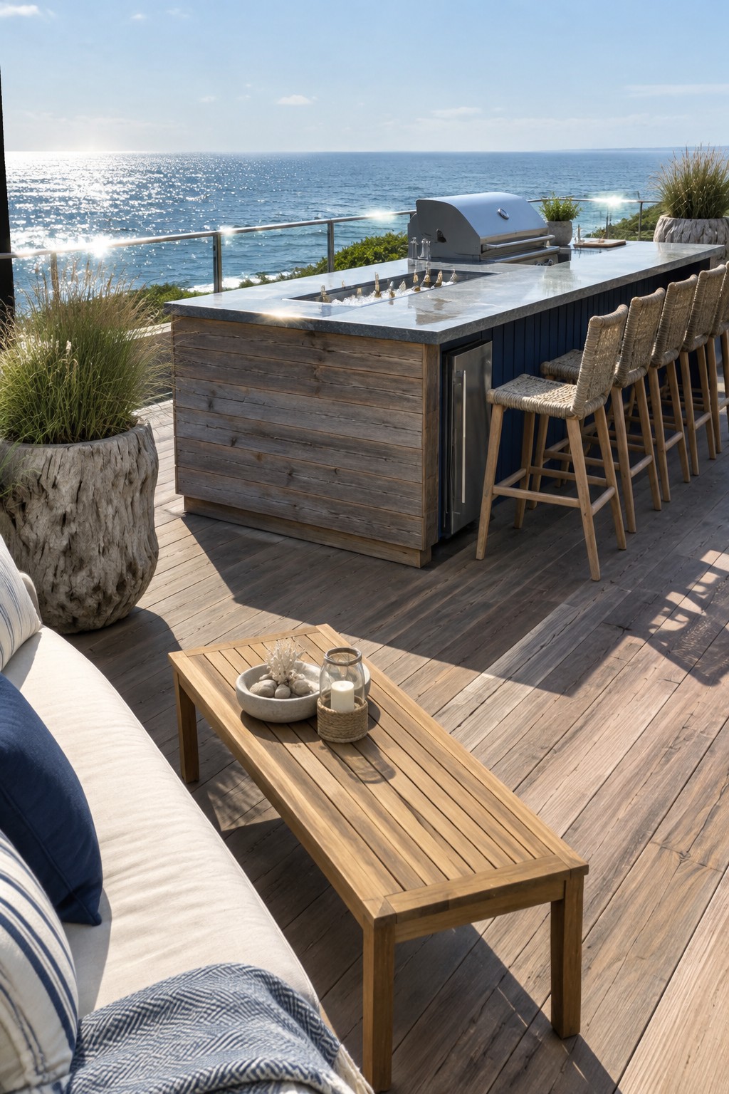 A long wooden outdoor kitchen island with a built-in grill, stainless steel accents, and six woven bar stools lined up along one side on a deck overlooking the ocean.