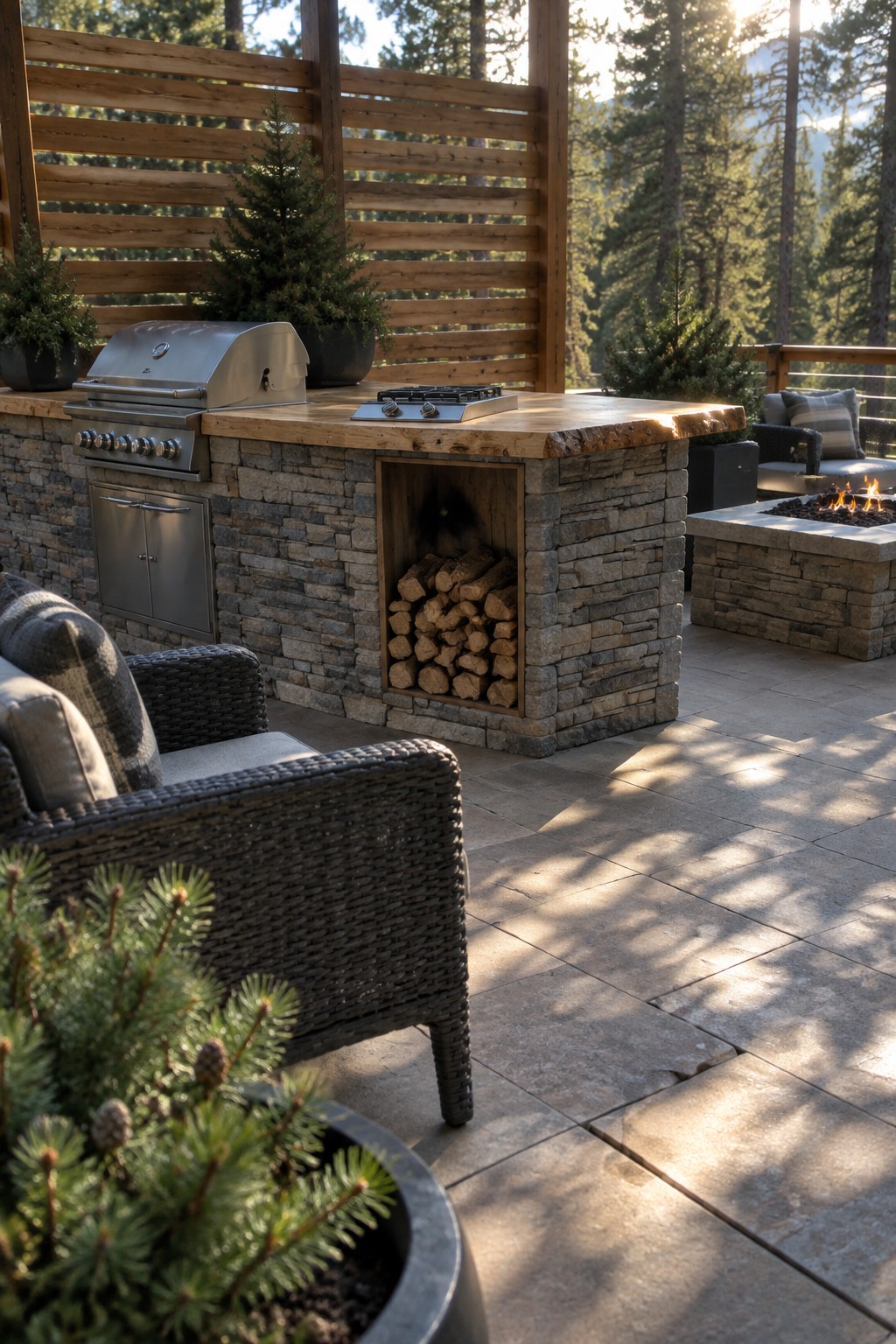 Stone outdoor kitchen with grill, firewood storage, wicker seating, fire pit, and forest backdrop.