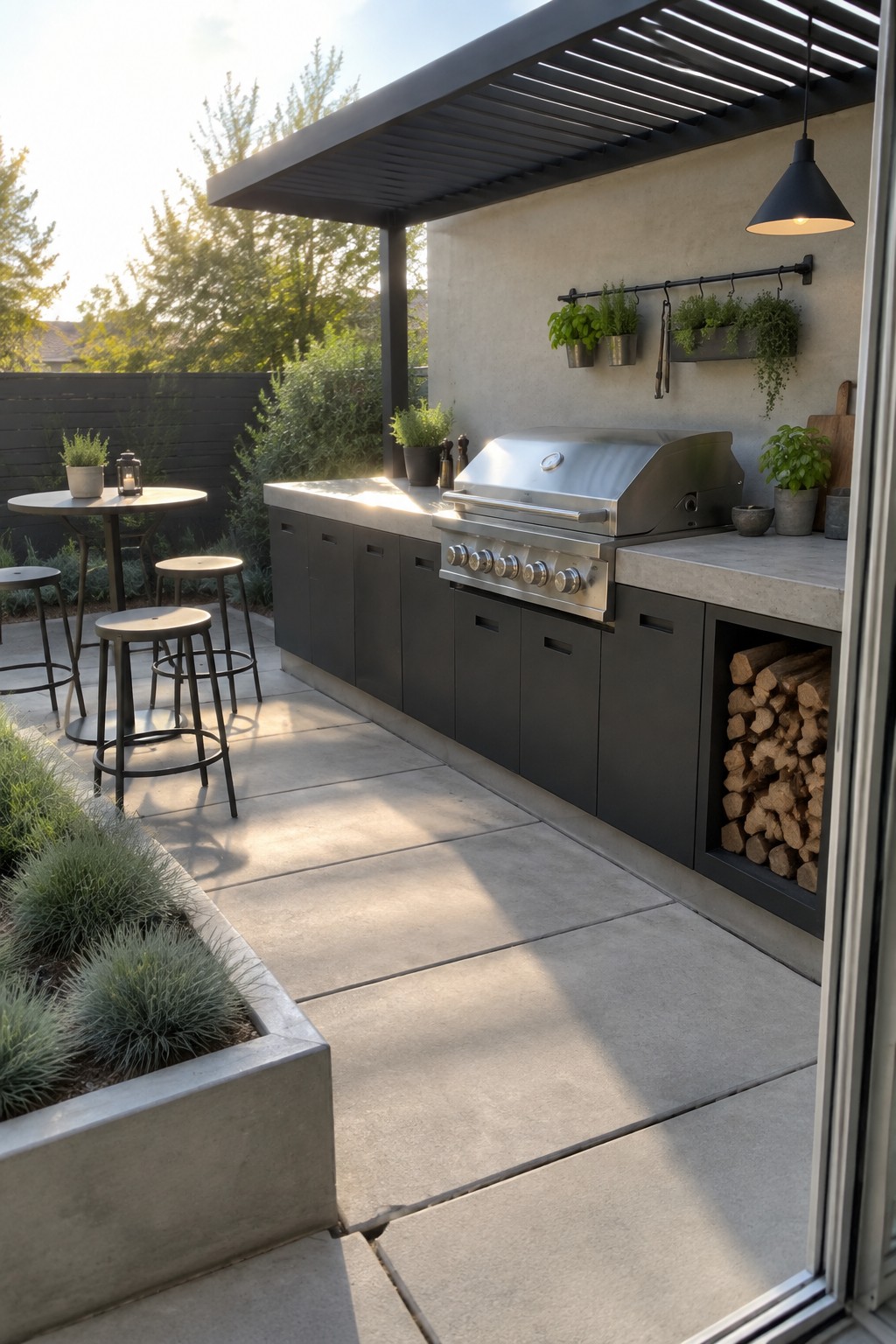 Modern outdoor kitchen with stainless grill, dark cabinets, concrete patio and hanging plants