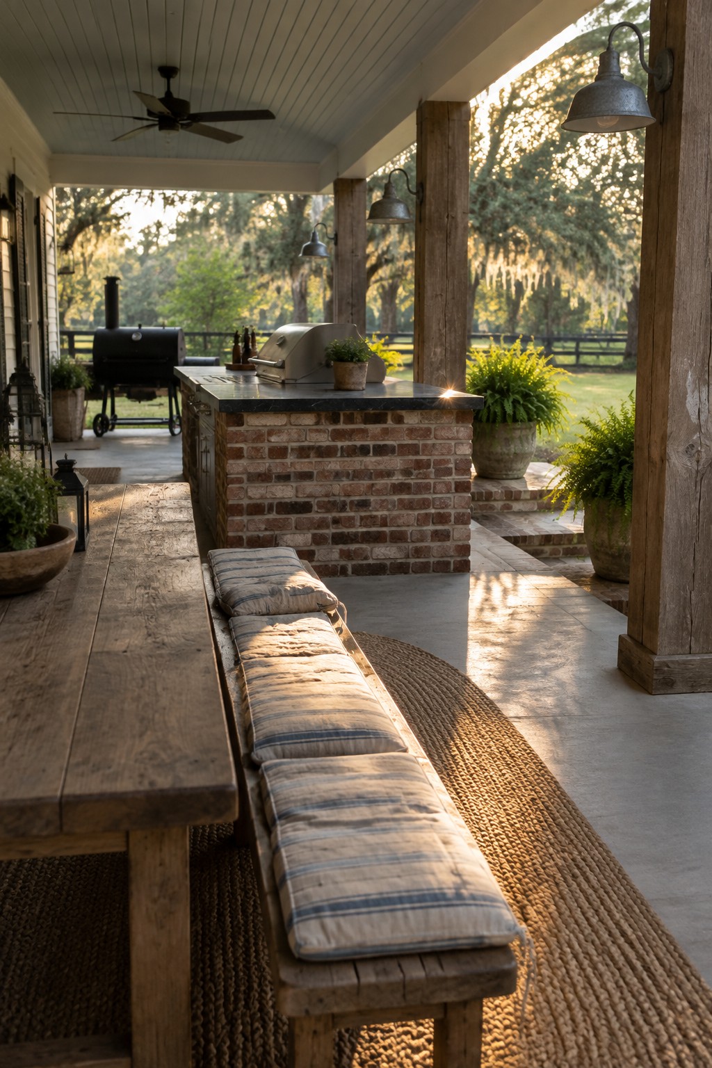 A covered outdoor patio with a brick grill island, wooden dining table and bench, potted ferns, and hanging light fixtures.