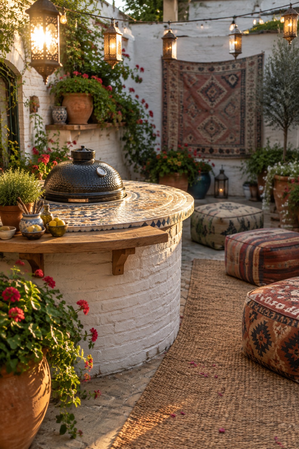 A round outdoor grill island with a mosaic tile countertop built into a white brick base, surrounded by patterned floor cushions on a woven rug.
