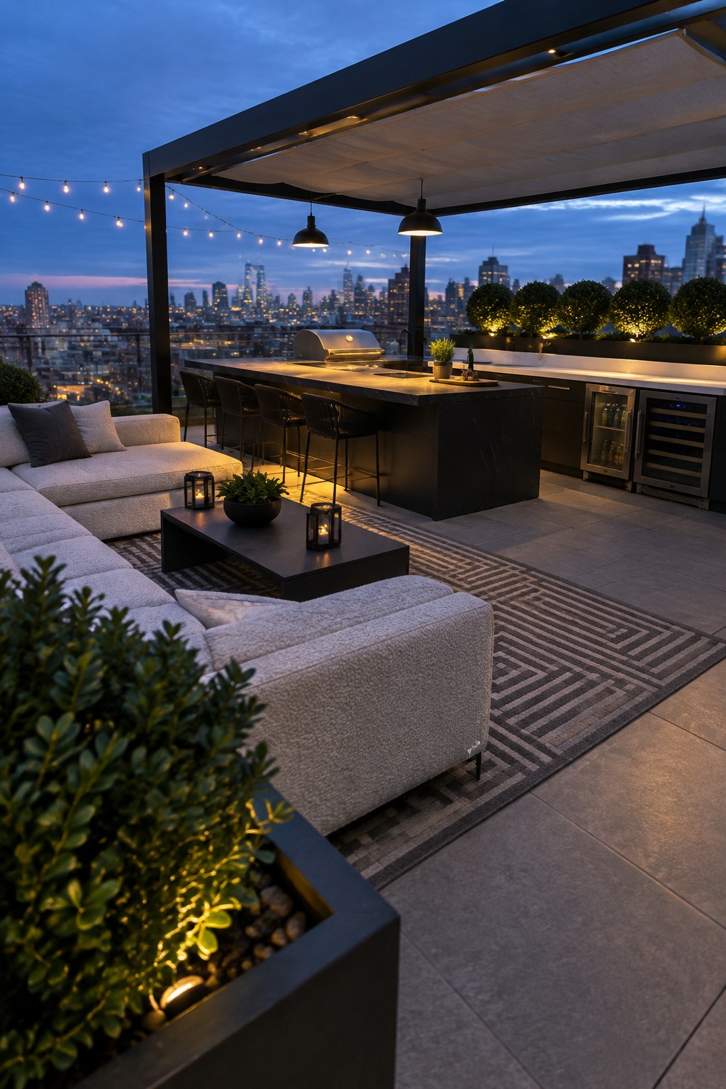 Rooftop patio at dusk showing a large dark outdoor kitchen island with built-in grill, four bar stools, and a separate light-colored sectional lounge area under a modern pergola with string lights and a city skyline view.