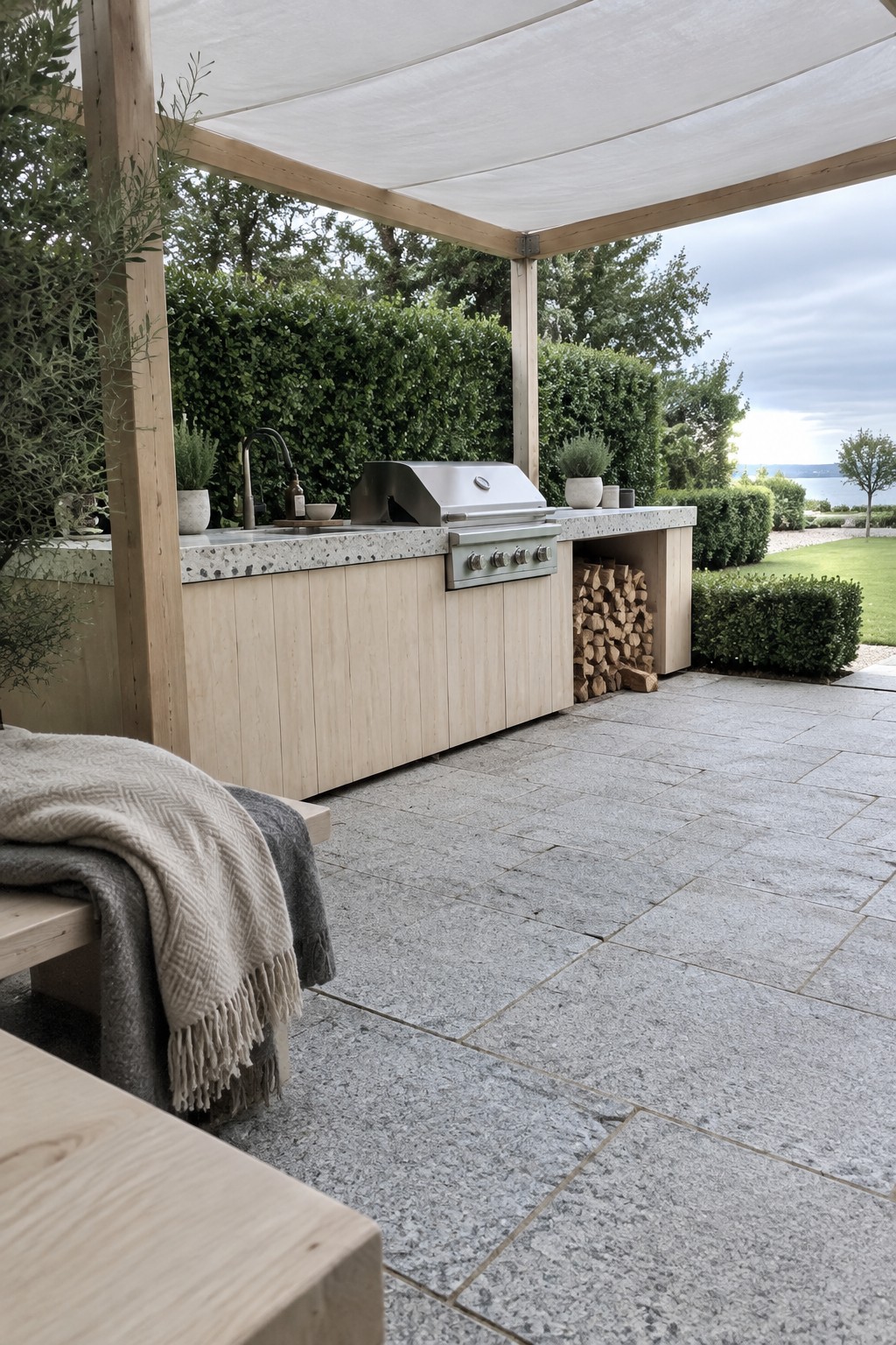 An outdoor kitchen on a stone patio shows a light wood grill island with a stainless steel grill, speckled countertop, sink, and built-in compartment holding stacked firewood, covered by a white canopy.