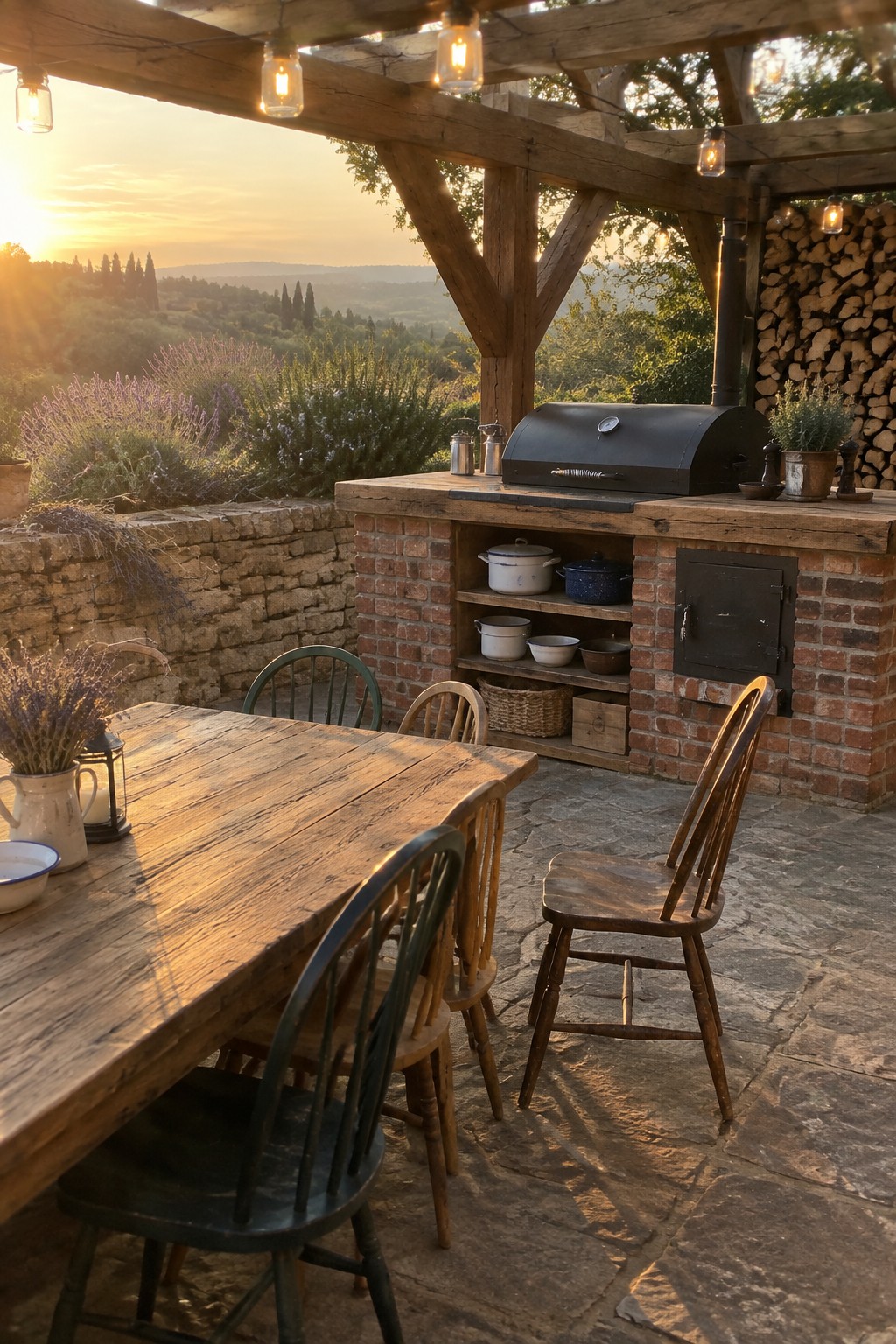 Rustic wooden dining table and outdoor brick kitchen with grill at sunset.