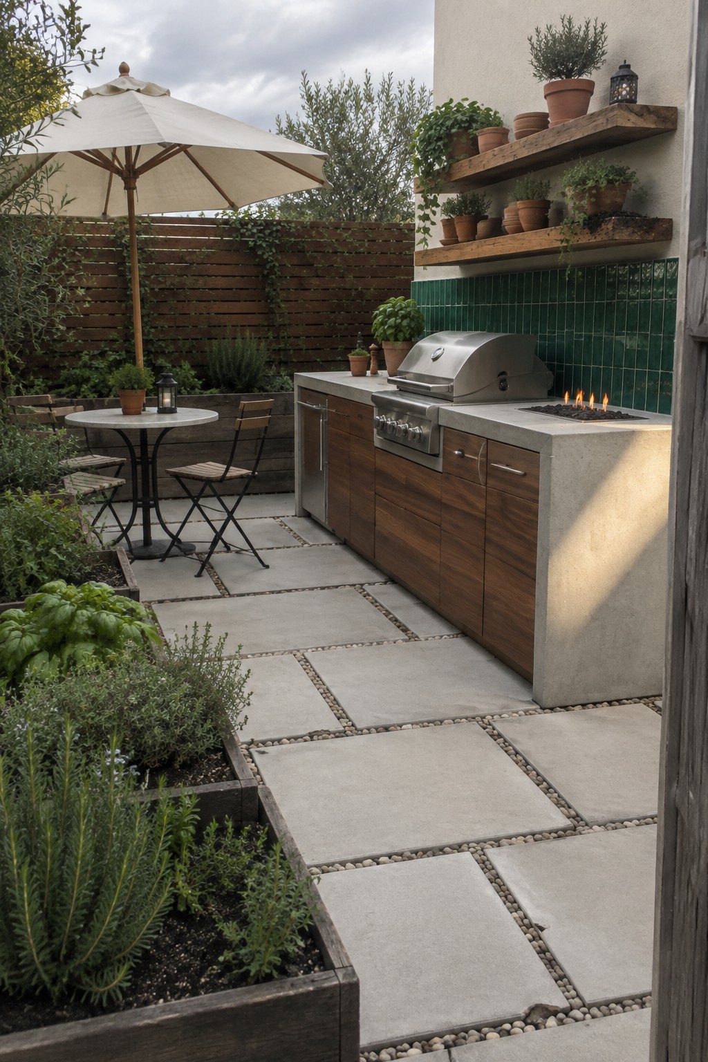 An outdoor patio with a built-in grill island made of concrete and wood cabinetry, stainless steel grill, and a side burner, next to a paved dining area with an umbrella and raised garden beds.