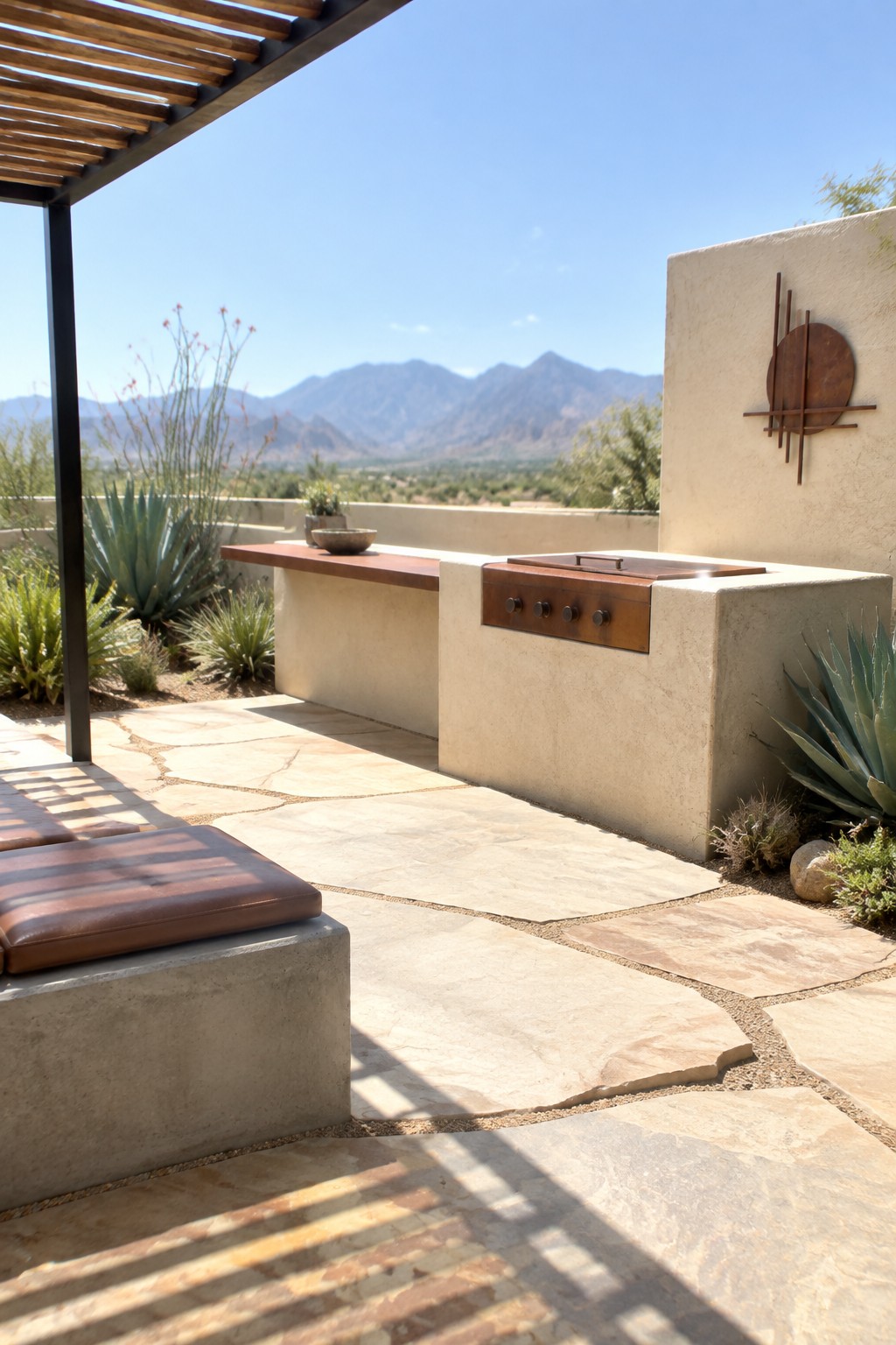 An outdoor kitchen with a built-in concrete grill island and wooden counter on a stone patio, with desert plants and mountains in the background.