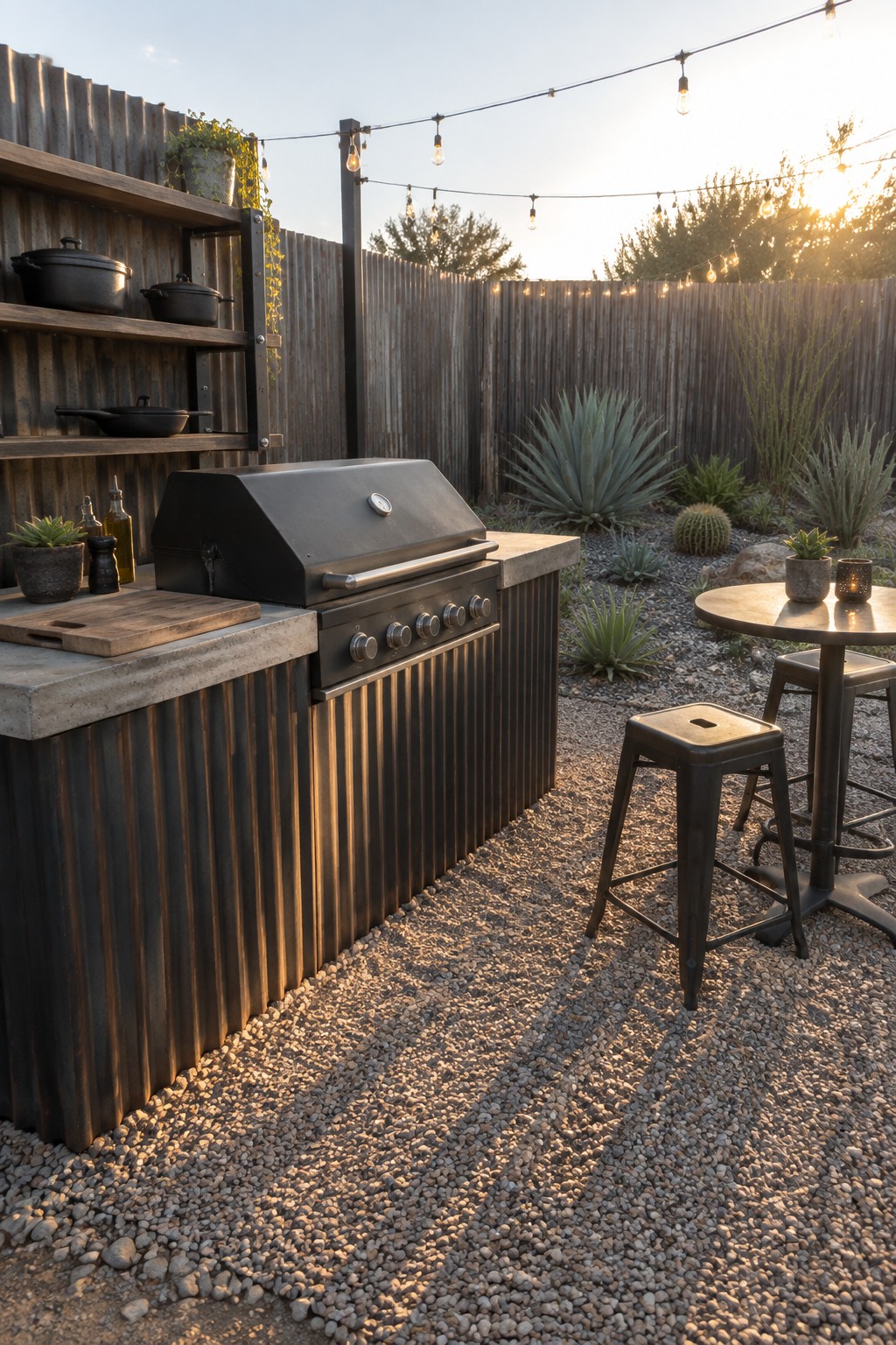 Outdoor kitchen with black grill, concrete counter, string lights, agaves, and gravel patio
