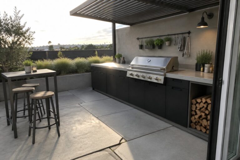 Modern outdoor kitchen with stainless grill, dark cabinets, concrete patio and hanging plants