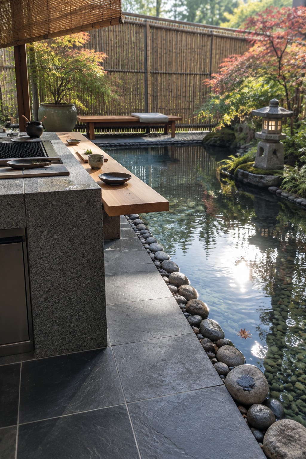 An outdoor kitchen with a gray stone base and wood counter extends over a pond lined with smooth stones, with a grill and small bowls on the surface.