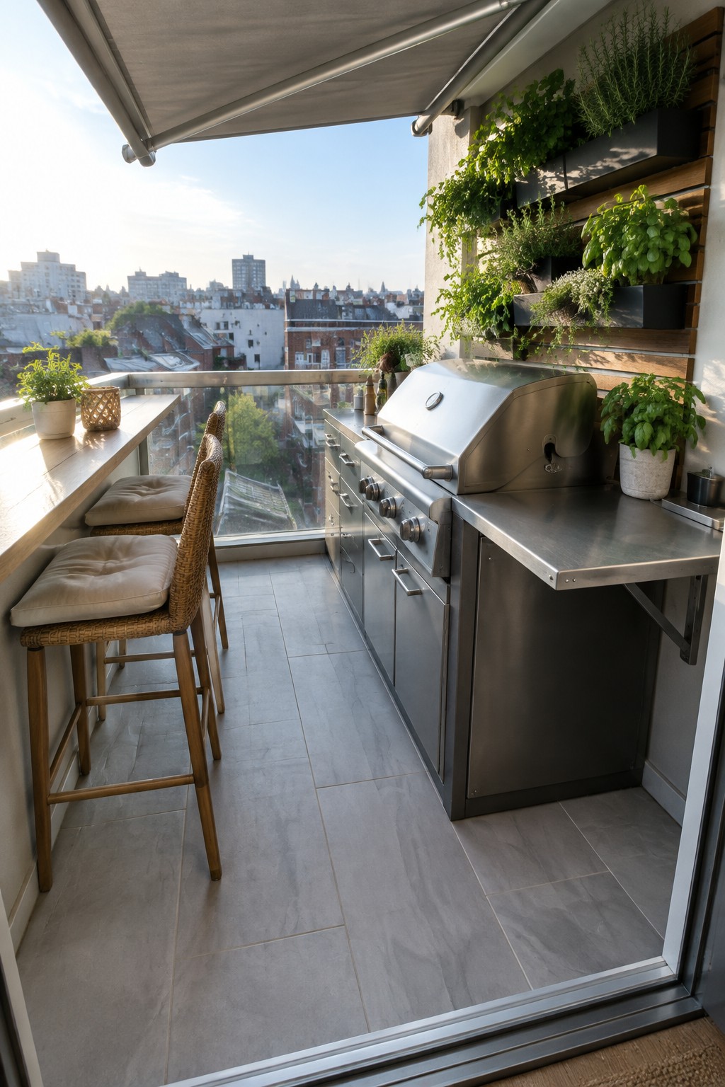 Modern balcony kitchen with stainless steel grill, bar stools, and vertical herb garden