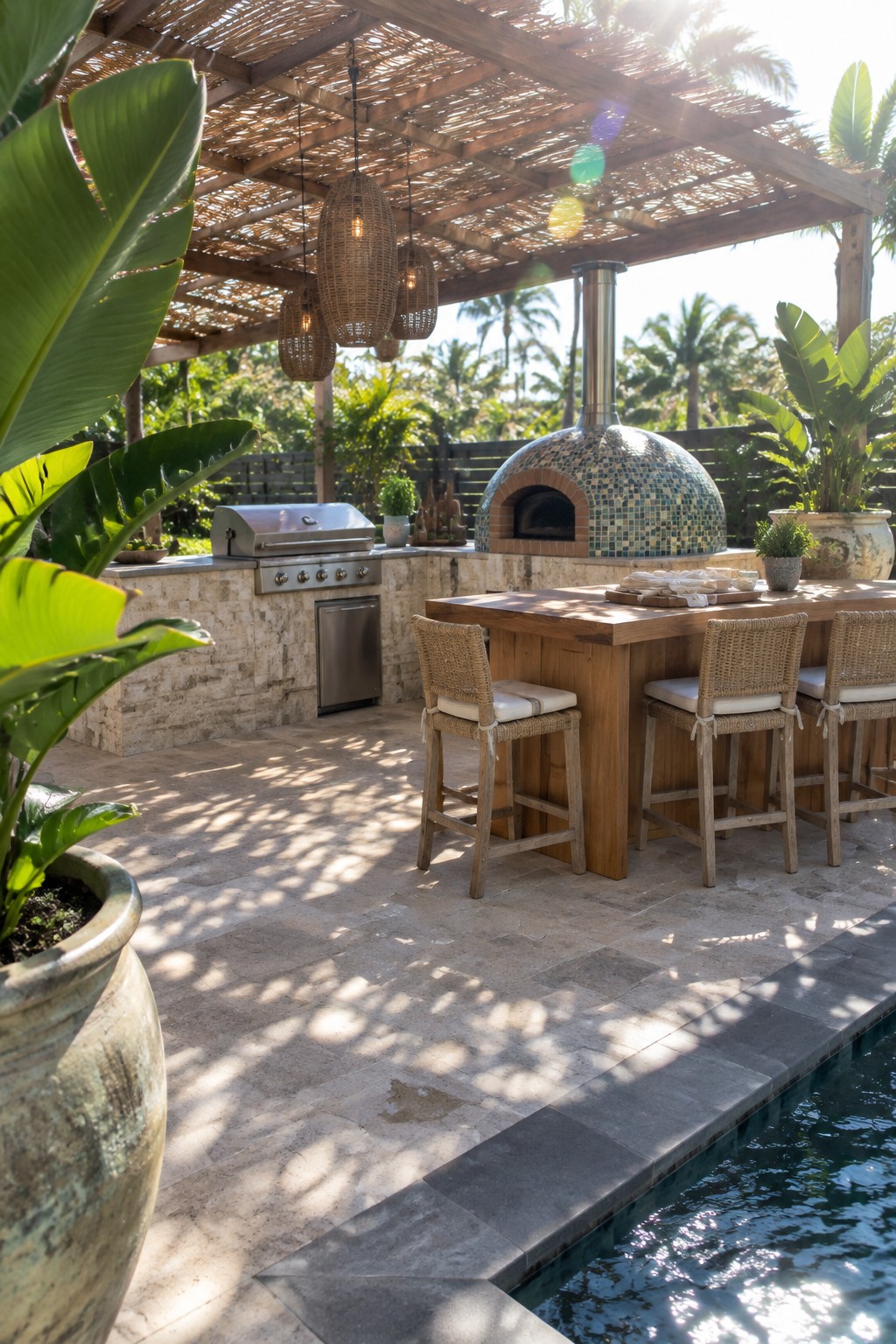 An outdoor kitchen with a large wooden island and three woven bar stools sits next to a built-in grill and a mosaic-tiled pizza oven under a pergola beside a swimming pool.