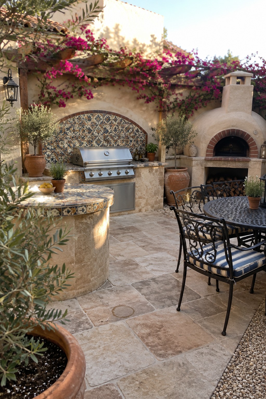 Outdoor kitchen patio with grill, pizza oven, tiled surfaces, and pink bougainvillea.