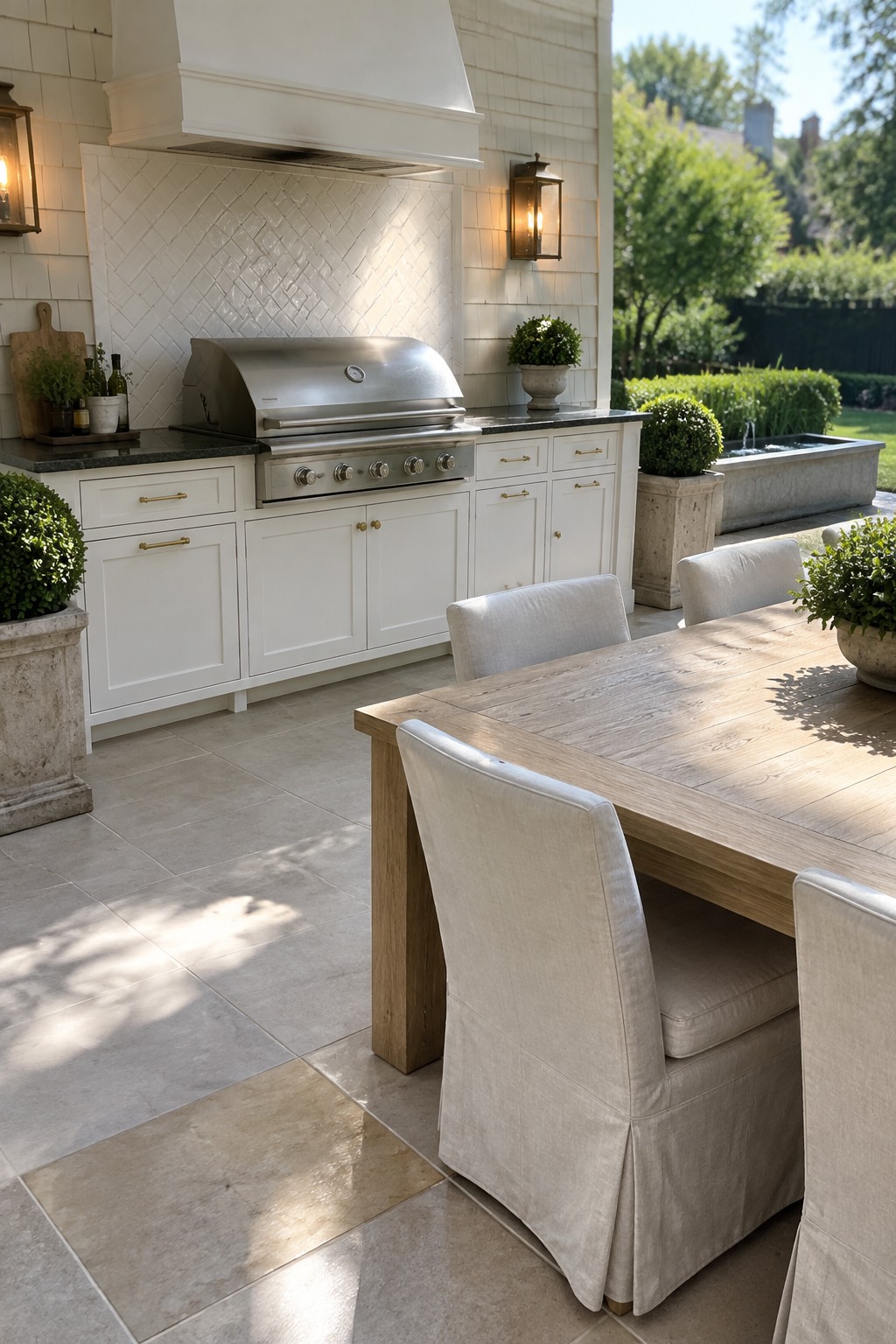 Outdoor kitchen with stainless grill, white cabinets, herringbone tiles, and wooden dining table with chairs.