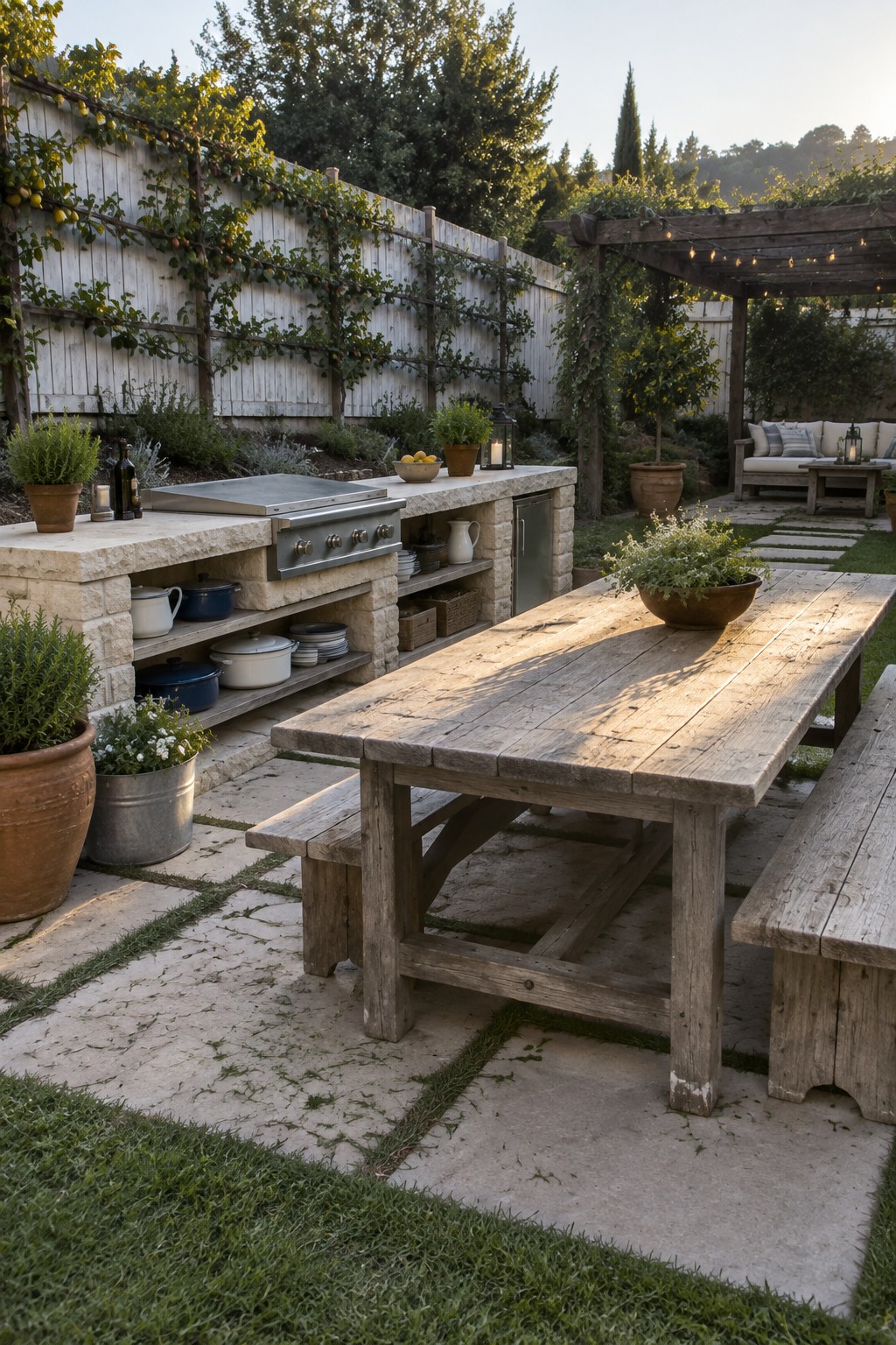 A stone outdoor kitchen island with a stainless steel grill and open shelving sits next to a long rustic wooden dining table with benches on a stone paver patio.
