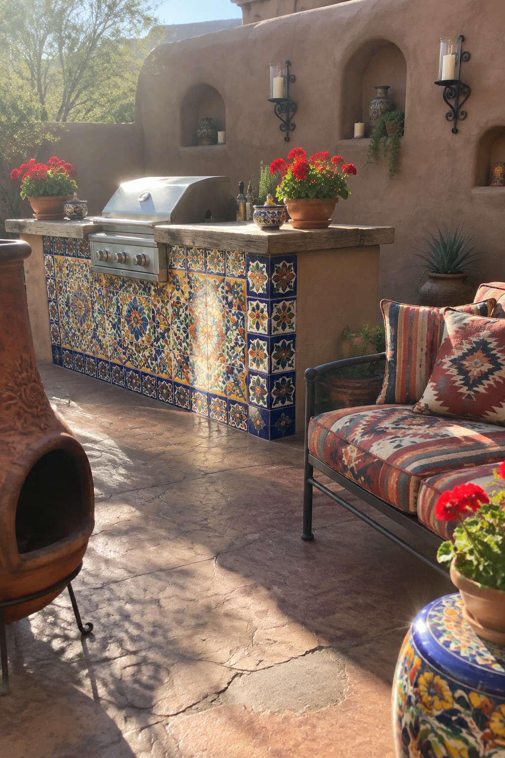 An outdoor kitchen on a stone patio shows a grill island with a colorful patterned tile base, stainless steel grill, wooden countertop, and nearby cushioned seating with potted red flowers.