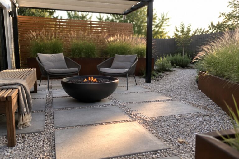 20 Affordable Patio Ideas Using Gravel for Budget-Friendly Hardscaping A modern outdoor patio features a round black fire pit surrounded by two gray cushioned chairs, a wooden bench with a throw blanket, and large rectangular concrete pavers set into gravel under a black metal pergola.