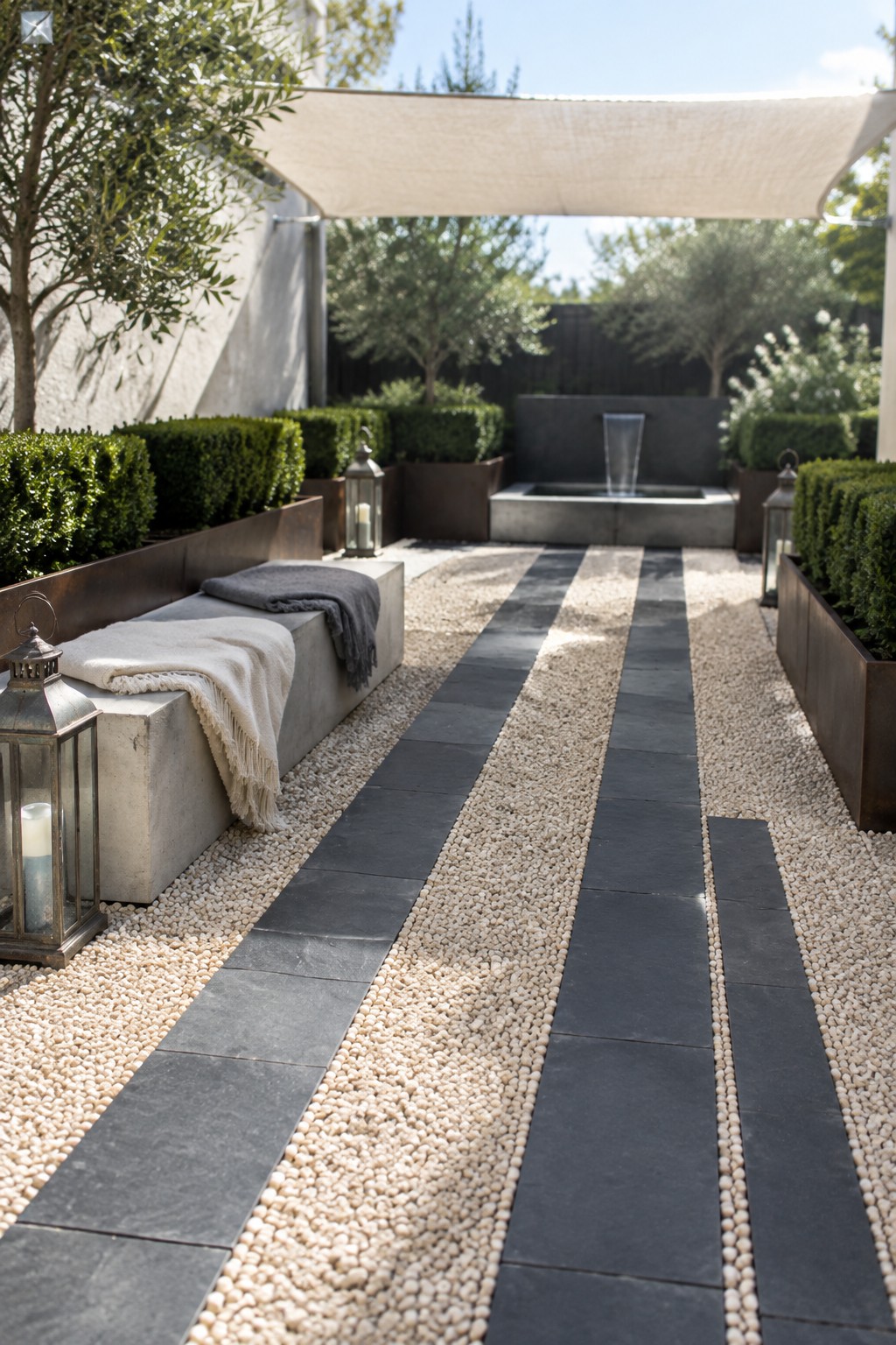 An outdoor courtyard with light gravel, dark stone paver strips forming parallel paths, a concrete bench with throws on the left, metal planters, and a water feature in the background.