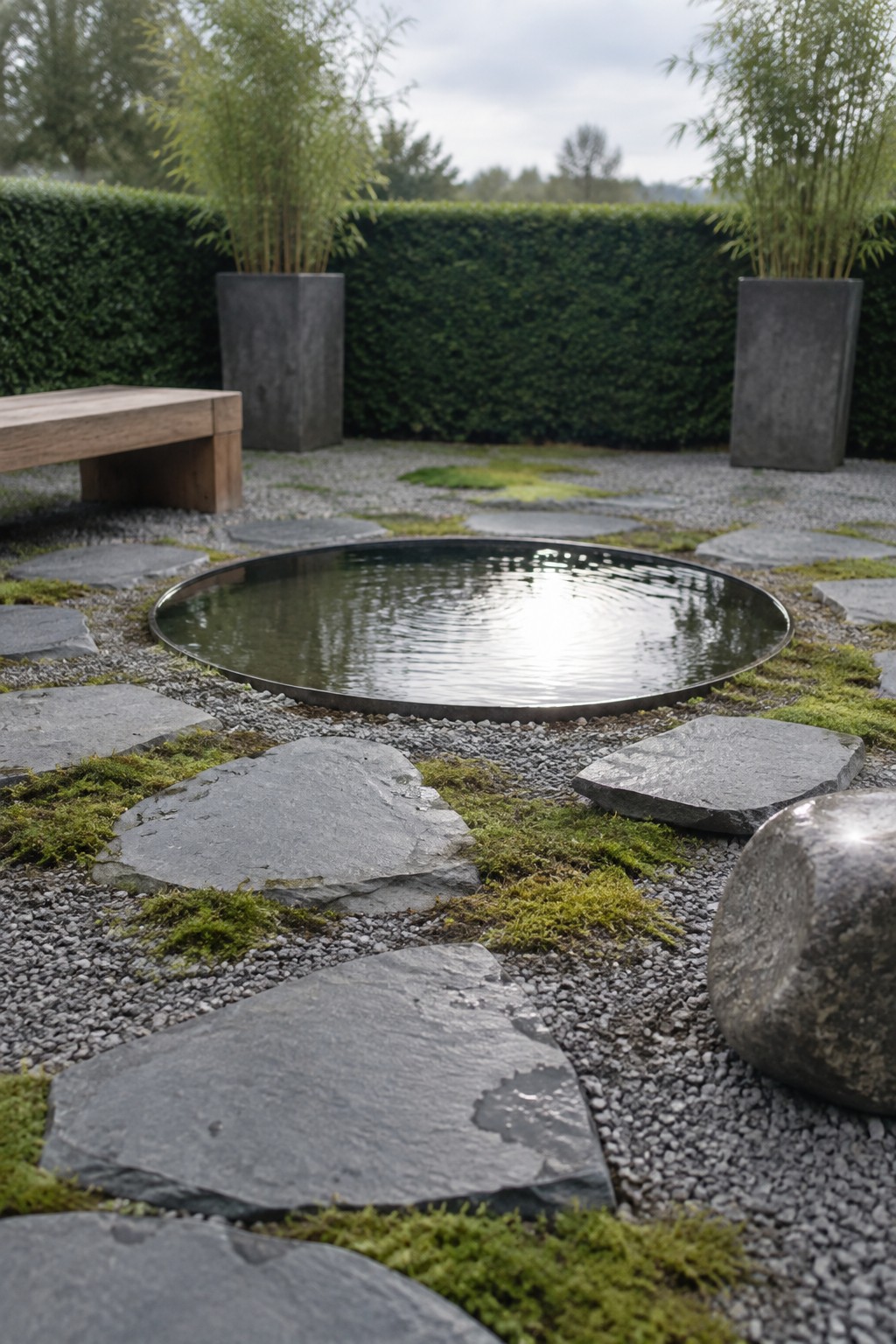 A round metal-edged water basin sits in a gravel courtyard, surrounded by irregular flat stepping stones, patches of moss, and two large potted bamboo plants against a tall hedge.