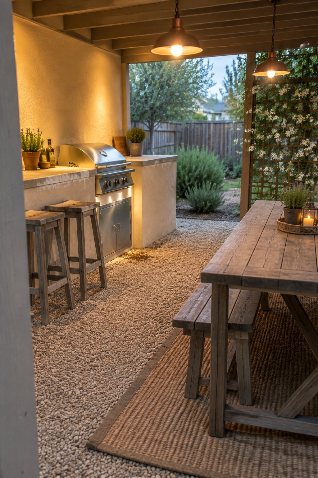 Outdoor patio kitchen with grill, wooden table, stools, and glowing pendant lights.