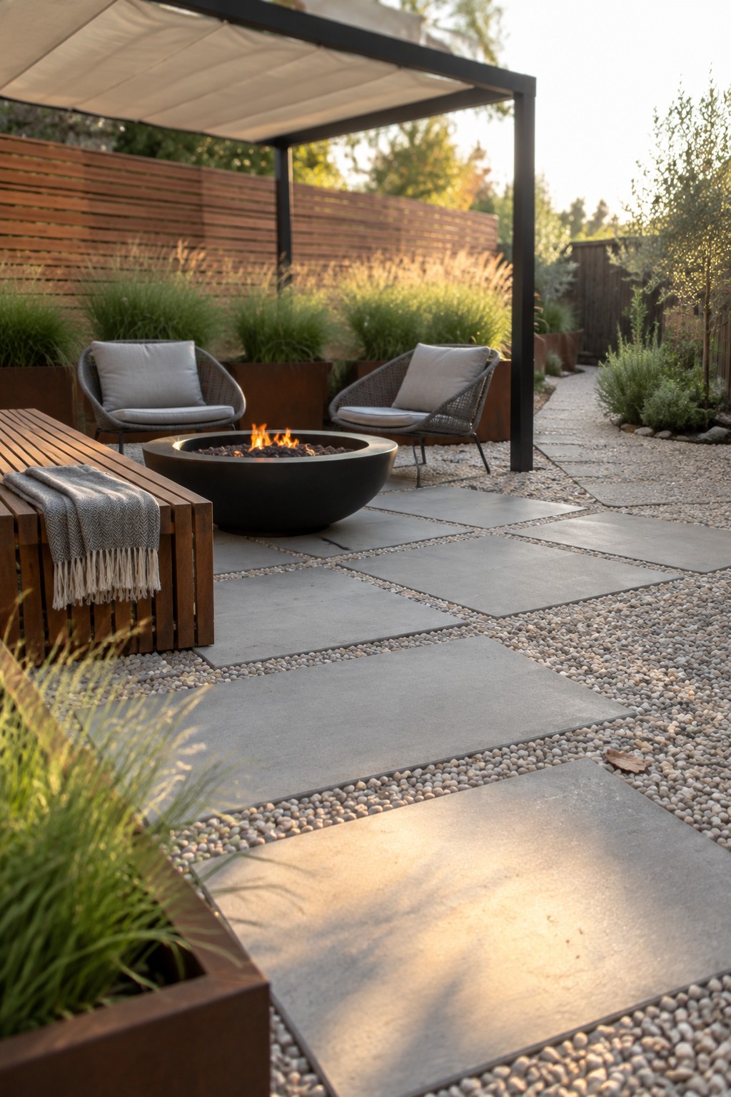 A modern outdoor patio features a round black fire pit surrounded by two gray cushioned chairs, a wooden bench with a throw blanket, and large rectangular concrete pavers set into gravel under a black metal pergola.