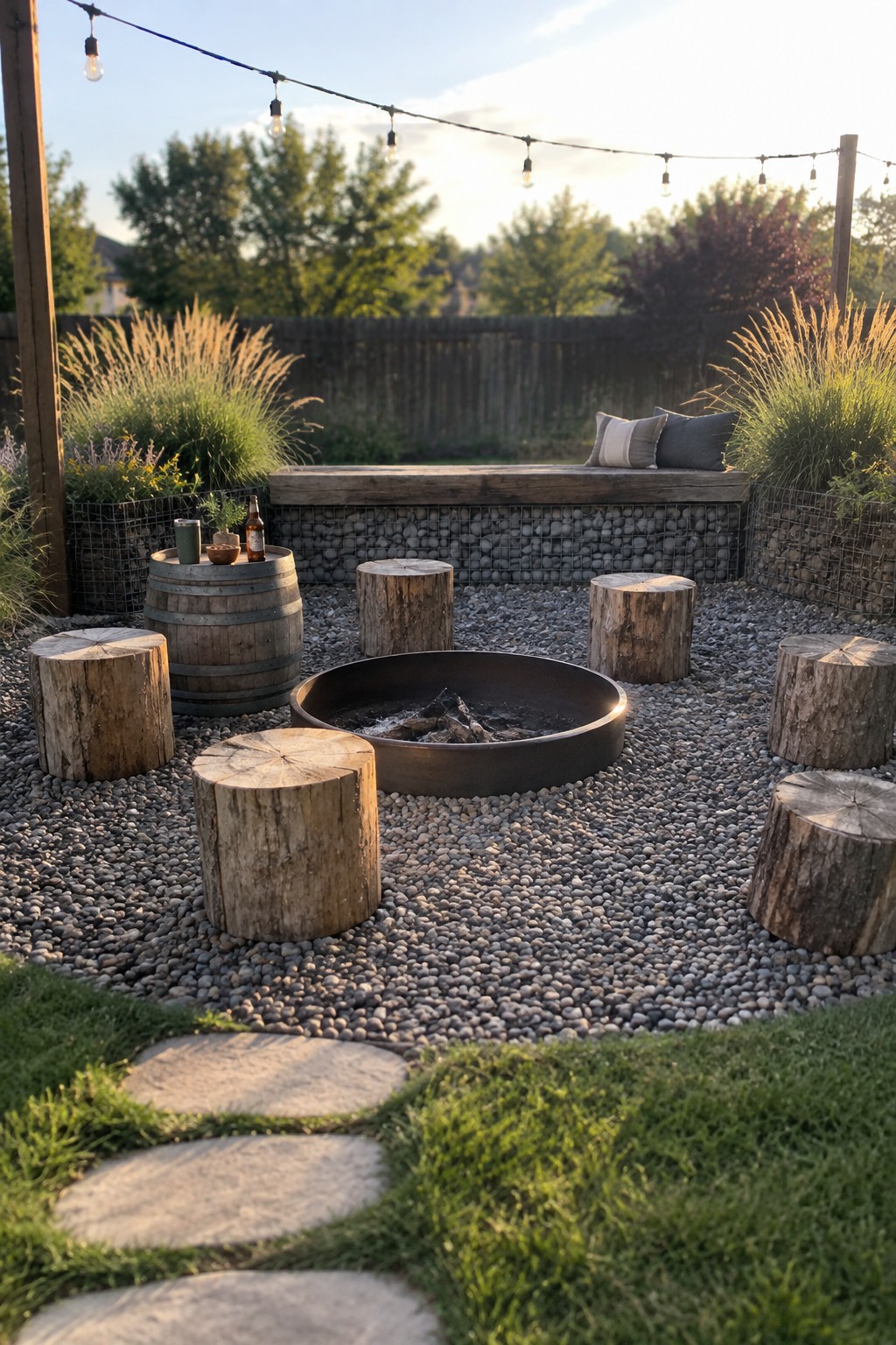A gravel-covered backyard fire pit area with tree stump seats, a metal fire ring, a wooden barrel table, string lights overhead, and a bench with pillows in the background.
