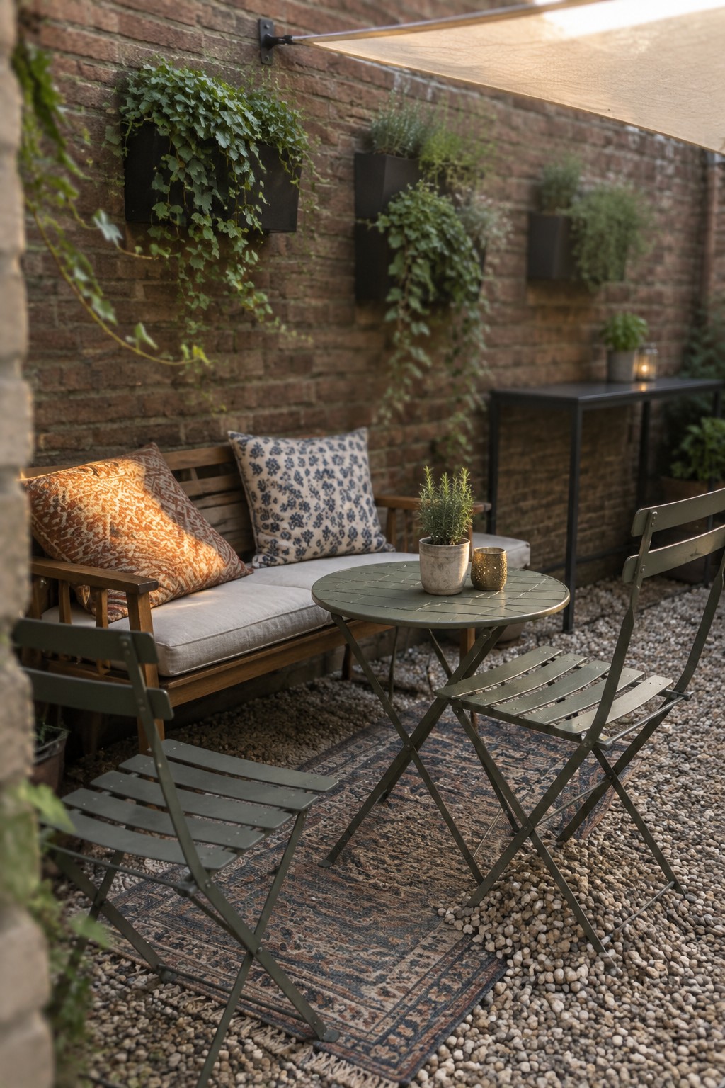 An outdoor patio with gravel covering the ground, a patterned rug under a round table and metal chairs, a wooden bench with cushions, and potted plants mounted on a brick wall.