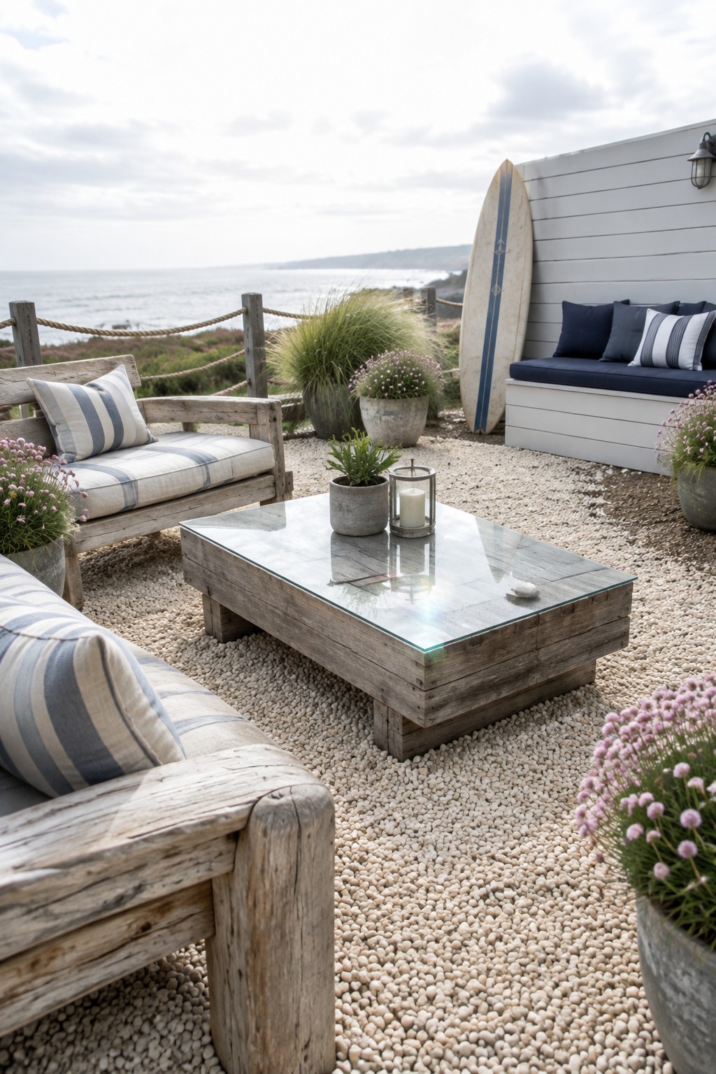 An outdoor patio area covered in light gravel with rustic wooden benches, a glass topped coffee table, potted plants, and a surfboard leaning against a white wall near the ocean.