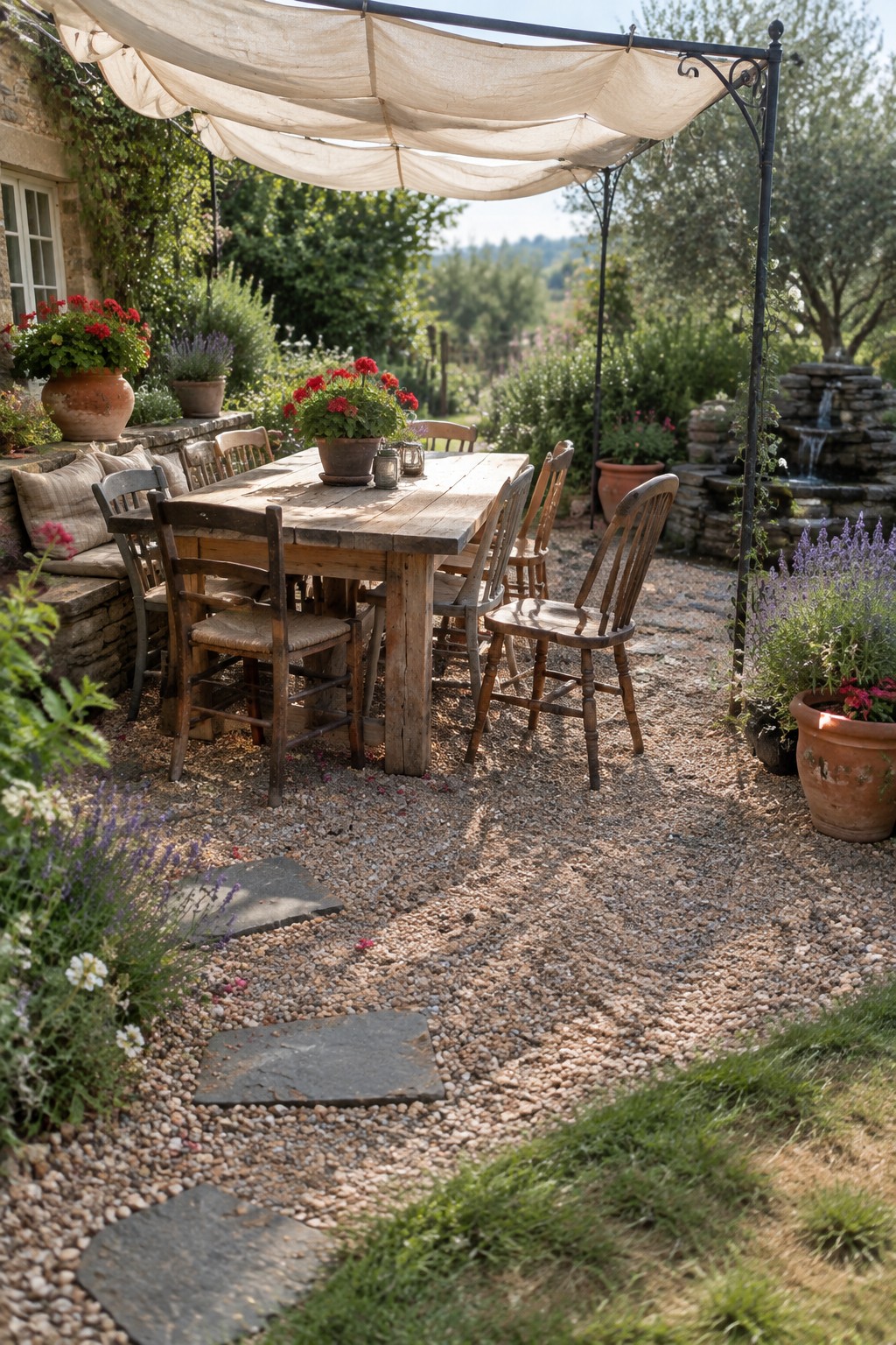 Rustic wooden table with chairs under beige canopy on gravel garden patio