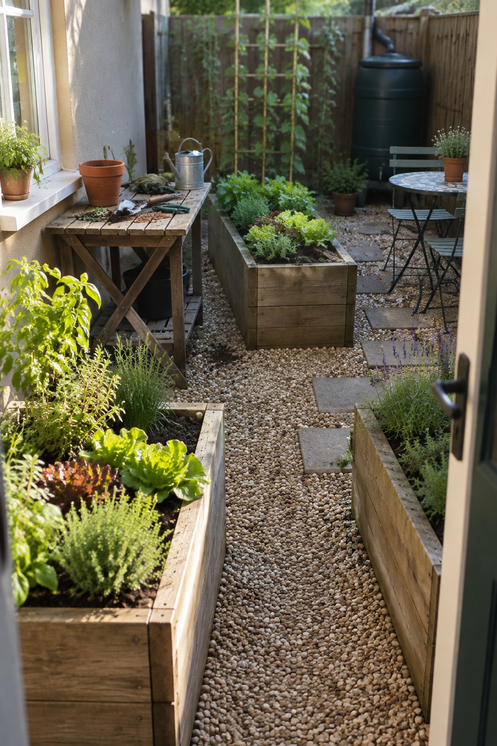 Wooden raised beds with greens line gravel path in narrow backyard garden
